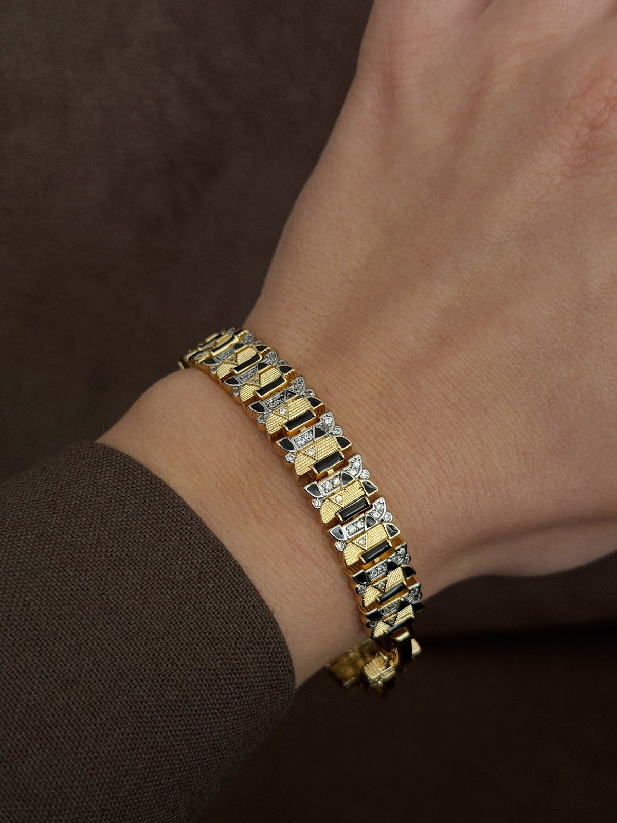 Gold Black Enamel CZ Accent Watch Band Link Bracelet - CW1VPBRCLT00213 | Wholesale Stainless Steel Jewelry Catwalk Jewellery Europe