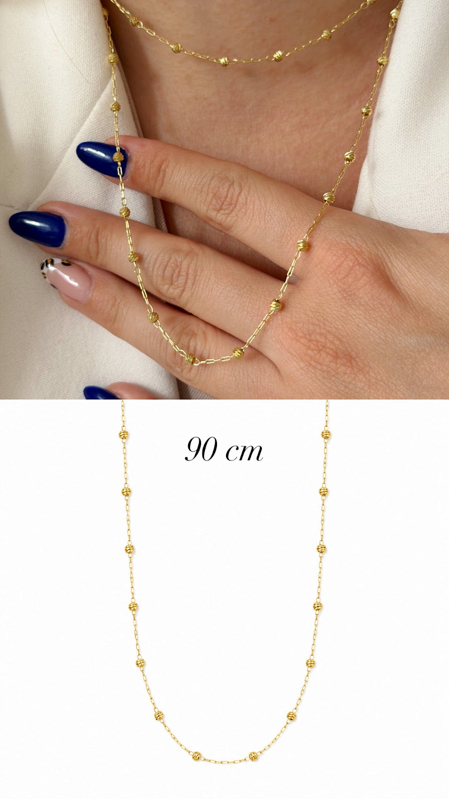 Gold Long Diamond Cut Beaded Station Chain Necklace - CW1NKL0063 | Wholesale Stainless Steel Jewelry Catwalk Jewellery Europe