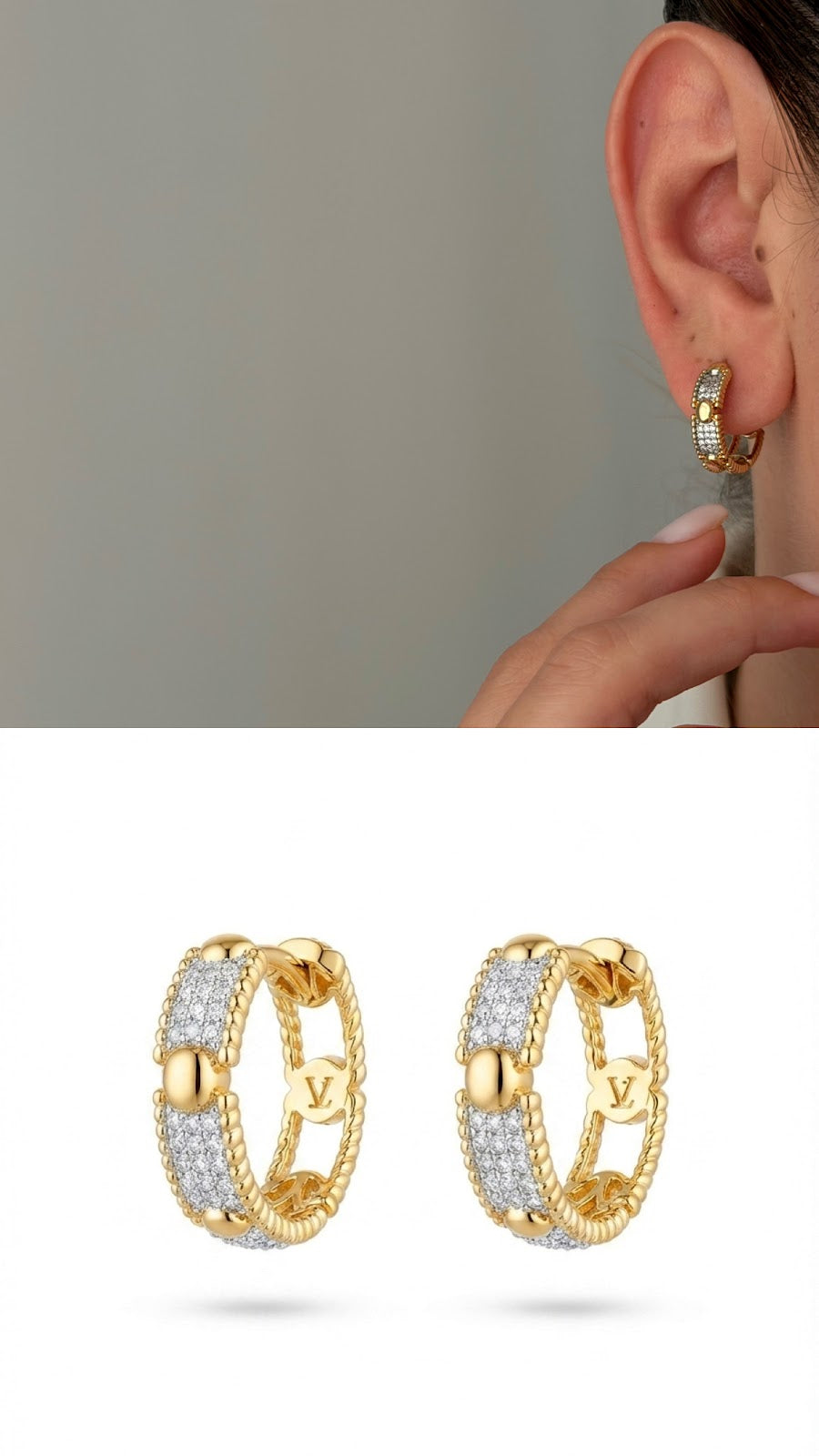 Gold CZ Pave V Logo Huggie Hoop Earrings - CW1VPEARNG00192 | Wholesale Stainless Steel Jewelry Catwalk Jewellery Europe