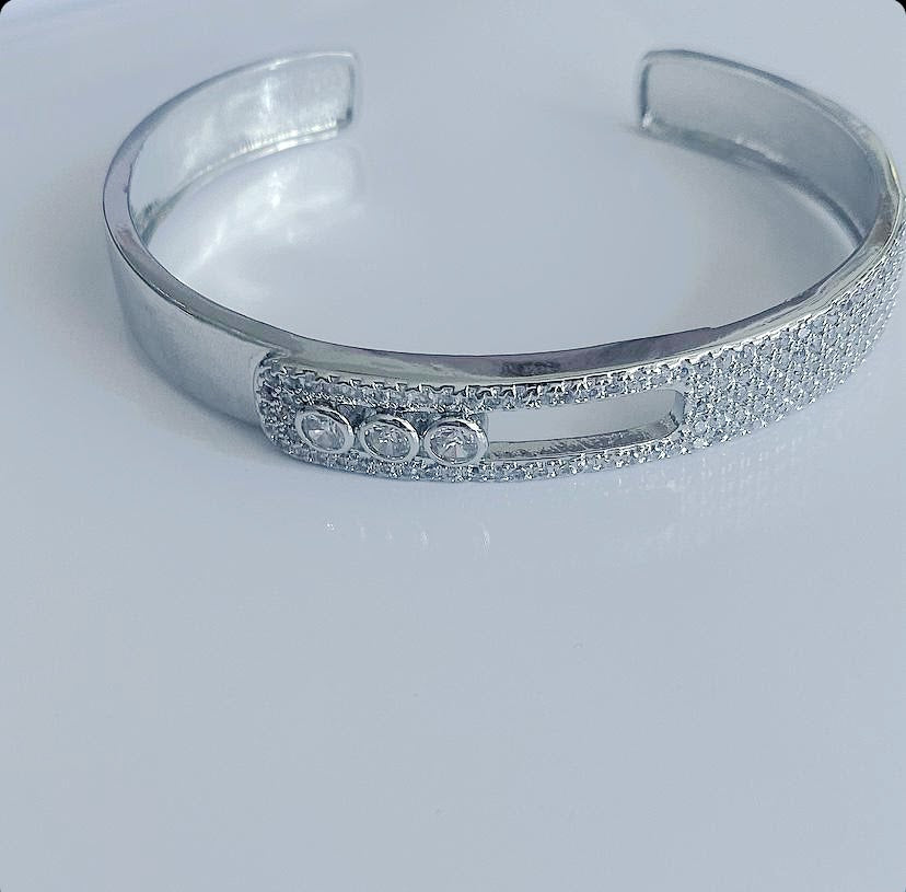 Silver CZ Pave Messika Style Moving Bezel Wide Open Cuff Bangle - CW1CUFF009 | Wholesale Stainless Steel Jewelry Catwalk Jewellery Europe