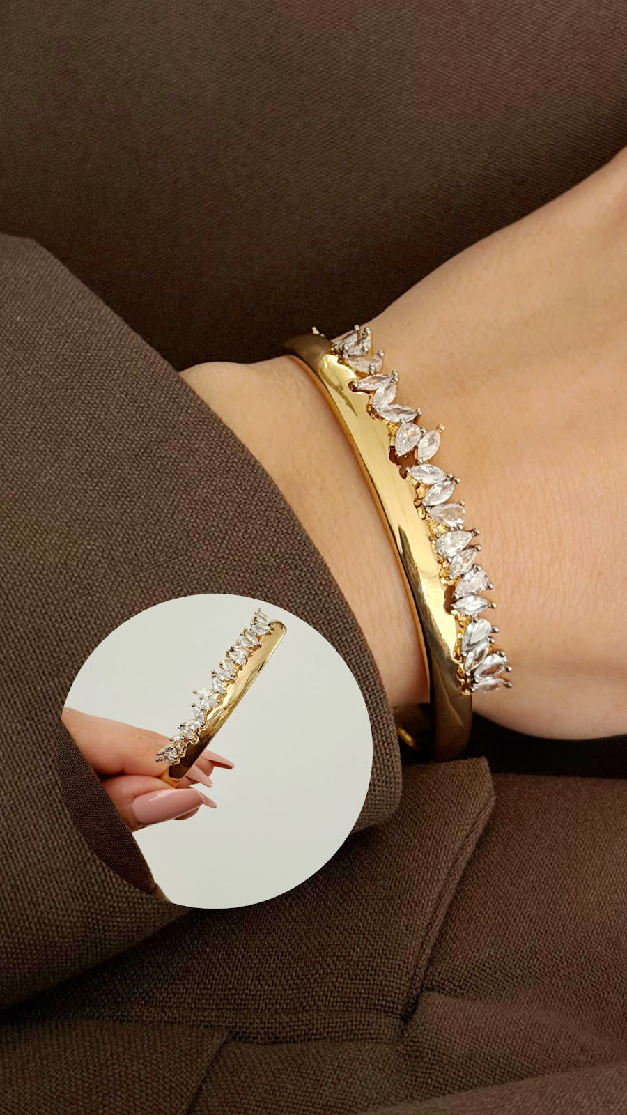 Gold Marquise CZ Pave Crown Edge Hinged Cuff Bangle - CW1CUFF0022 | Wholesale Stainless Steel Jewelry Catwalk Jewellery Europe