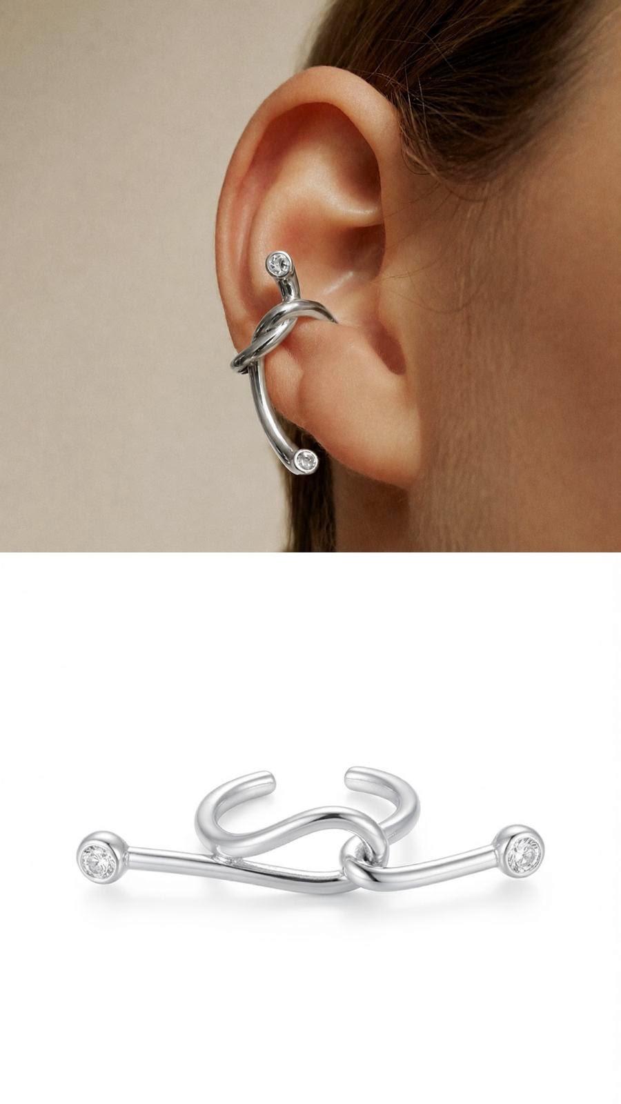 Silver Color 18K Gold Plated Stainless Steel Knot CZ Bezel Ear Cuff Wholesale - CW1EARCUFF00171 | Wholesale Stainless Steel Jewelry Catwalk Jewellery Europe
