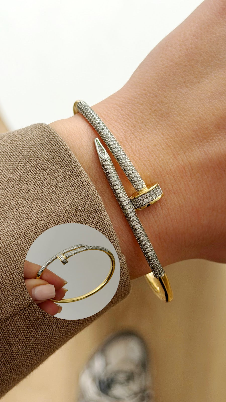 Gold Silver Two Tone CZ Pave Nail Motif Hinged Cuff Bangle - CW1CUFF0046 | Wholesale Stainless Steel Jewelry Catwalk Jewellery Europe