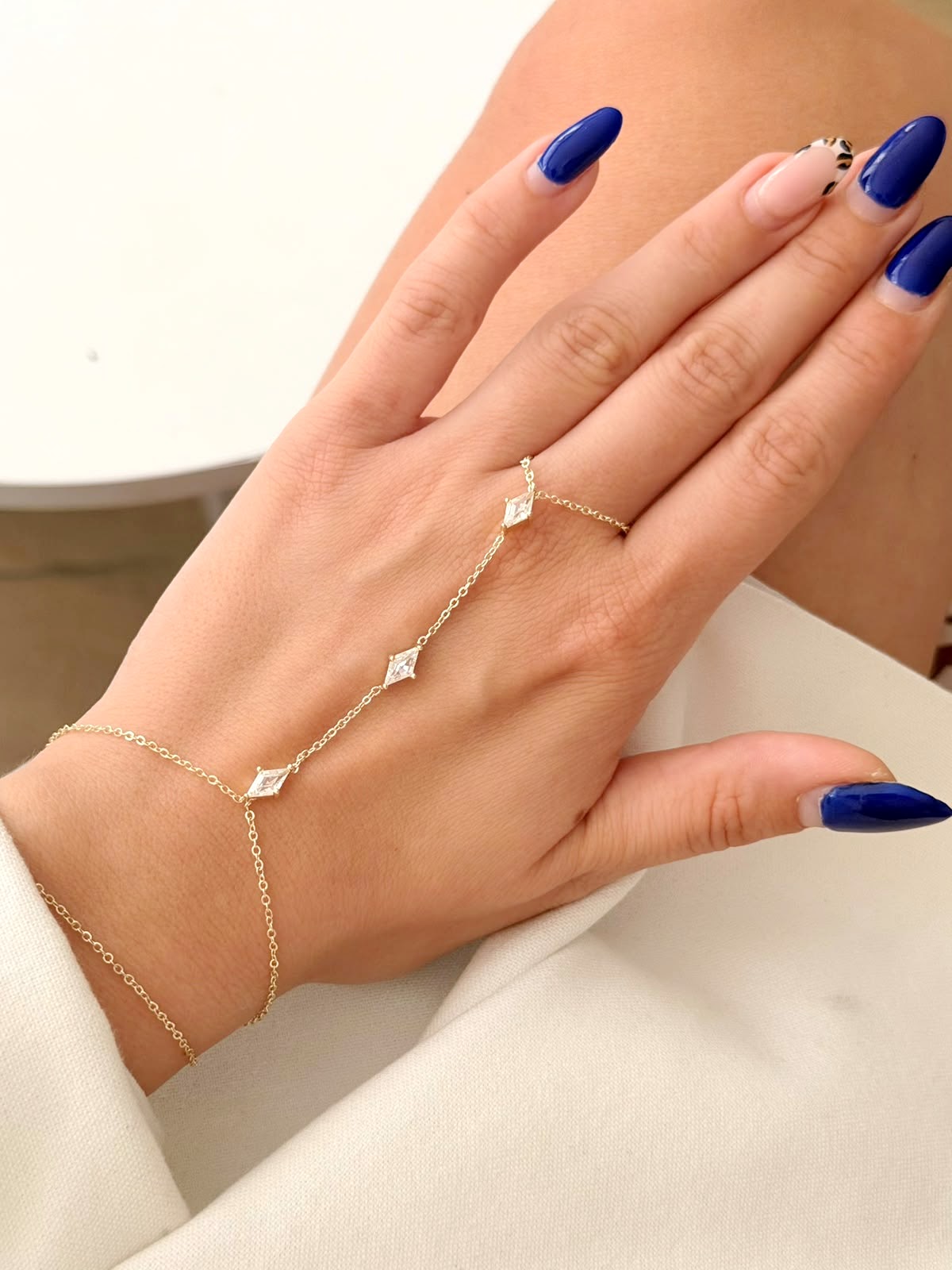 Gold Bezel Rhombus Gemstone Station Hand Chain - CW1HANDCHAIN0060 | Wholesale Stainless Steel Jewelry Catwalk Jewellery Europe