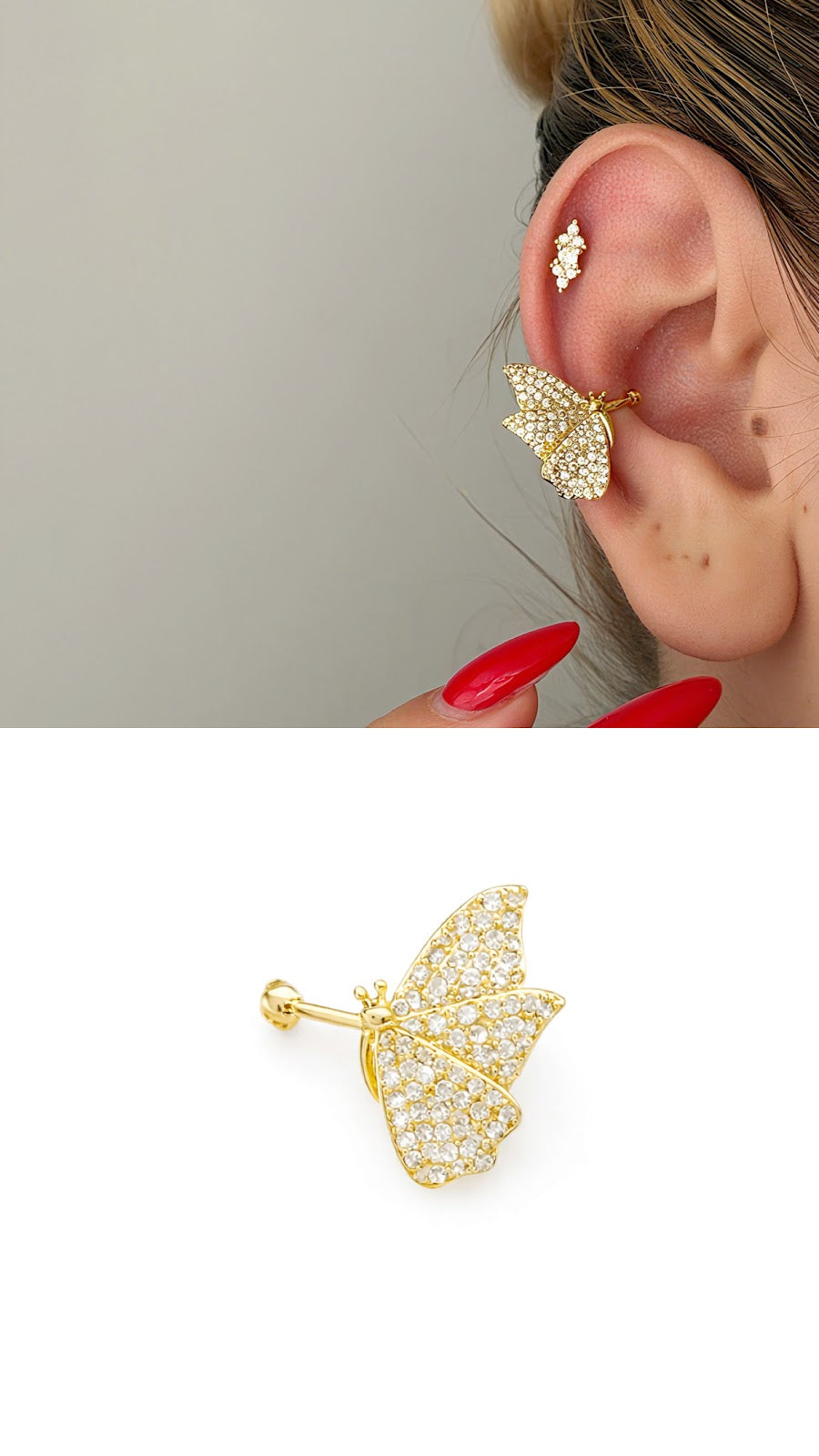 Gold CZ Pave Butterfly Wing Ear Cuff Alternate Angle - CW1EARCUFF00111 | Wholesale Stainless Steel Jewelry Catwalk Jewellery Europe