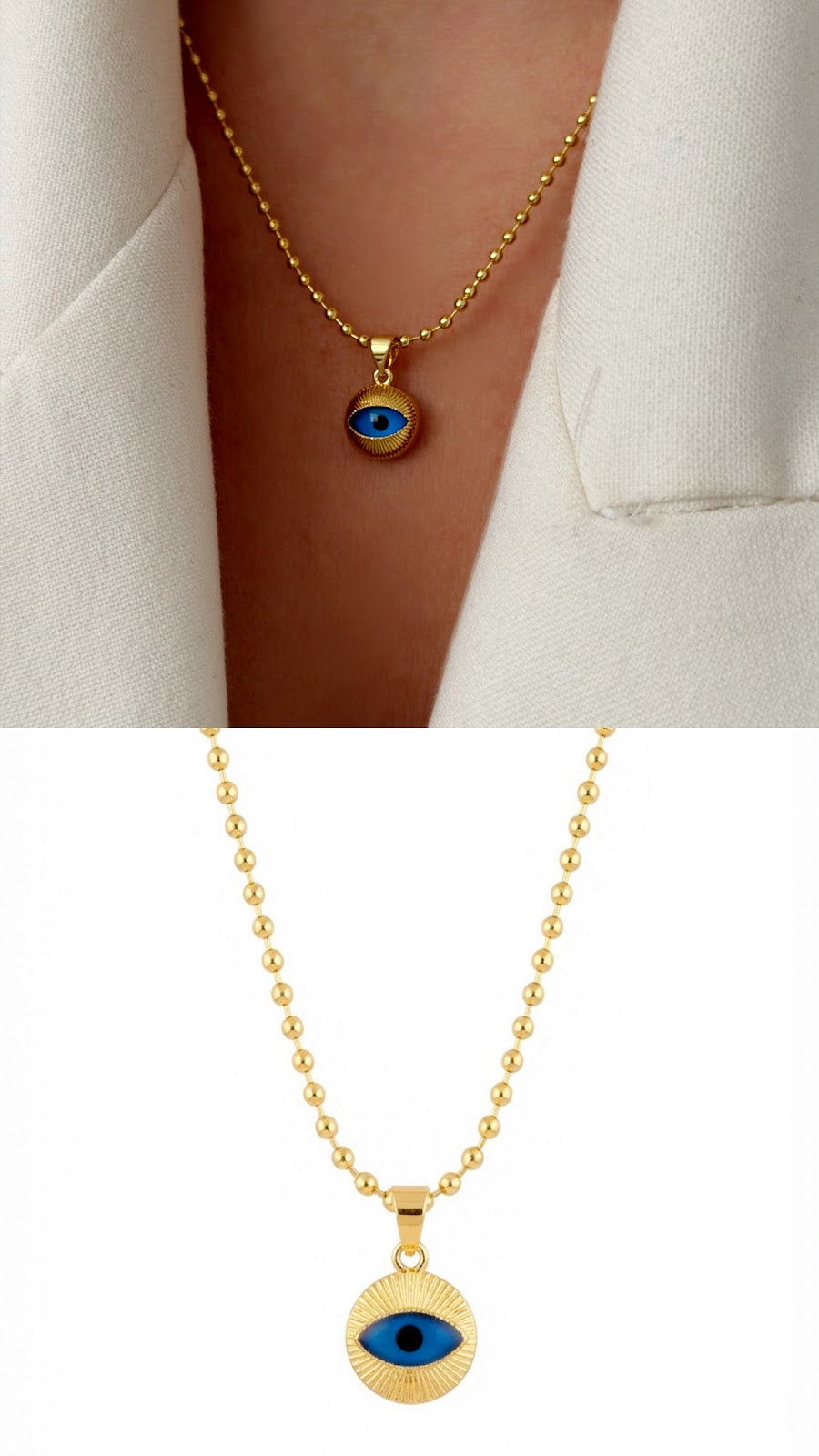 18K Gold Plated Stainless Steel Blue Enamel Evil Eye Sunburst Pendant Ball Chain Necklace Wholesale - CW1NKL00154 | Wholesale Stainless Steel Jewelry Catwalk Jewellery Europe