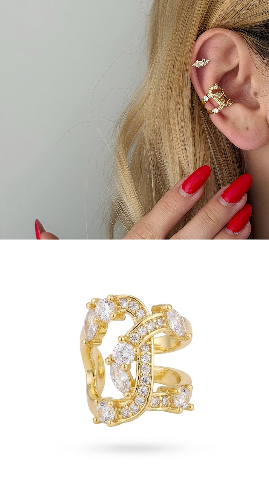 Gold CZ Pave And Marquise CZ Interlocking Double Circle Ear Cuff - CW1EARCUFF0078 | Wholesale Stainless Steel Jewelry Catwalk Jewellery Europe