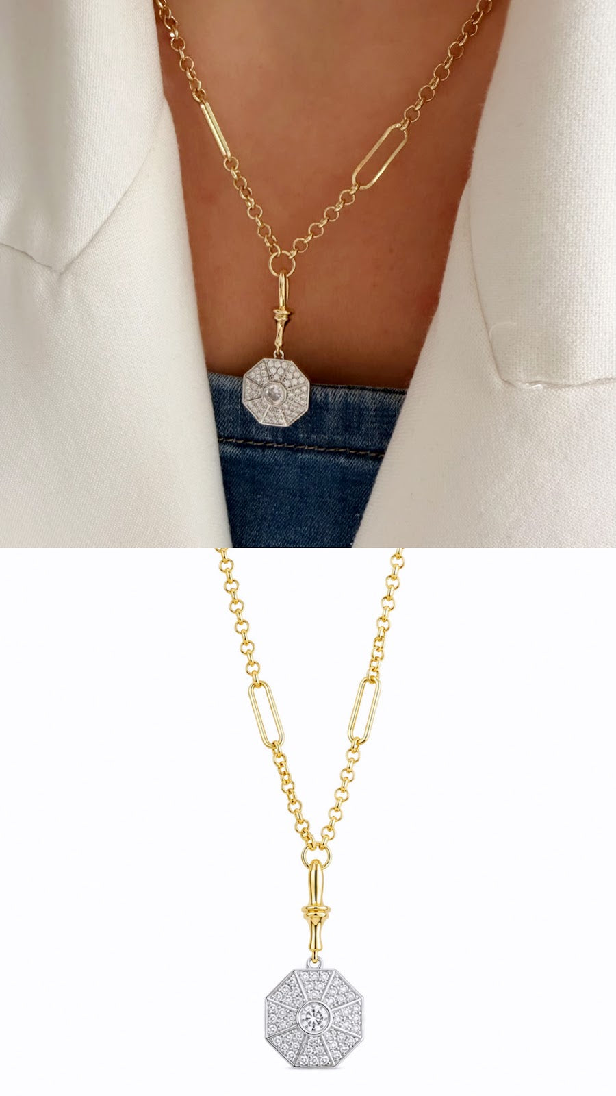 Two Tone CZ Pave Octagon Medallion Pendant Necklace - CW1NKL0085 | Wholesale Stainless Steel Jewelry Catwalk Jewellery Europe