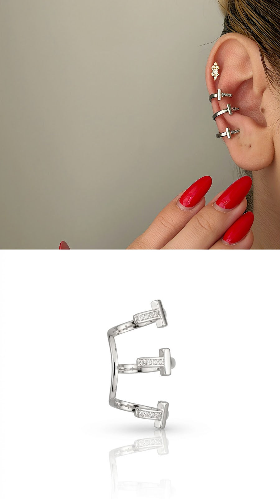 Silver CZ Pave T Bar Triple Band Ear Cuff - CW1EARCUFF0014 | Wholesale Stainless Steel Jewelry Catwalk Jewellery Europe