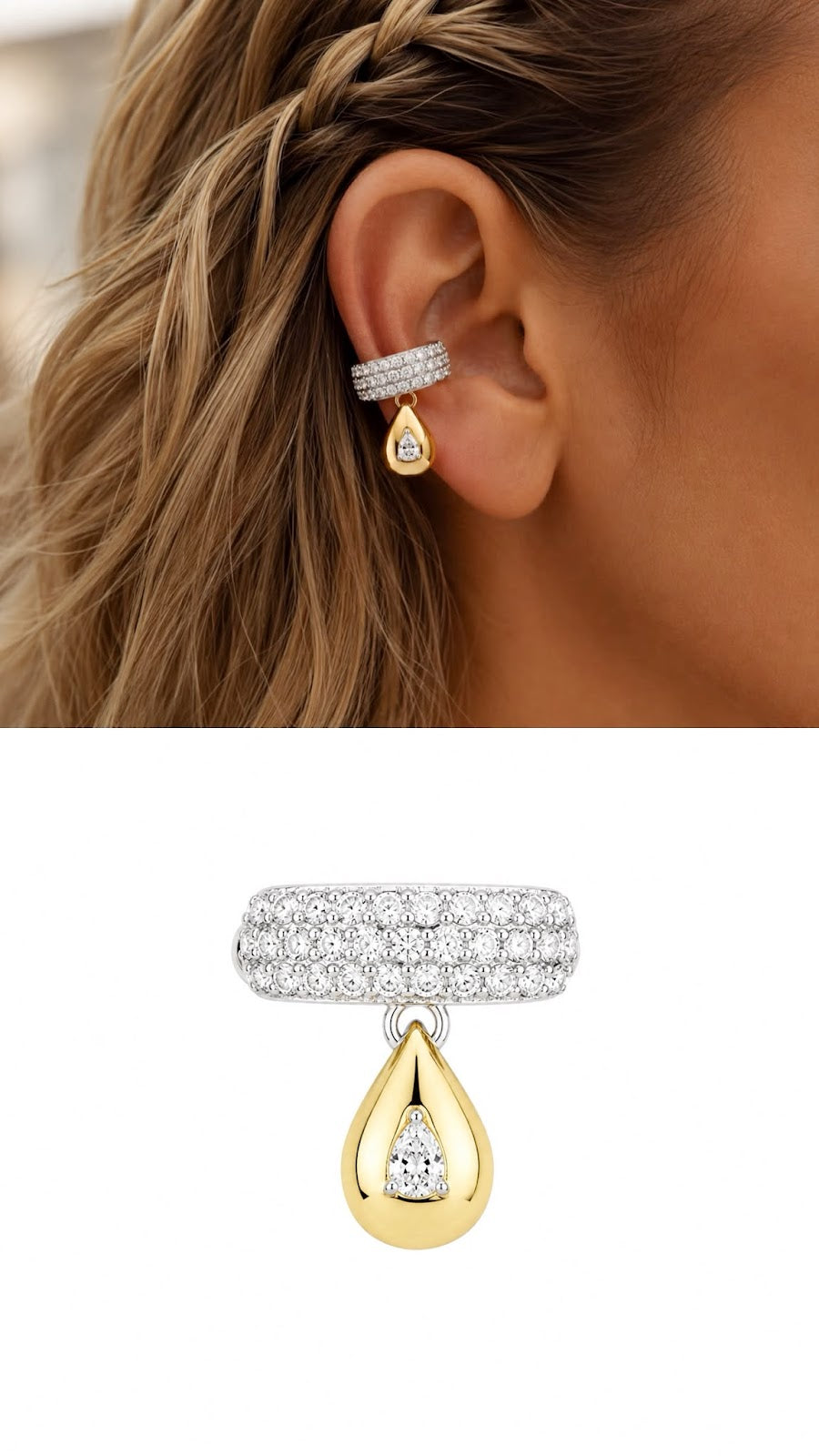 Silver CZ Pave Wide Band Gold Teardrop Dangle Ear Cuff - CW1EARCUFF00144 | Wholesale Stainless Steel Jewelry Catwalk Jewellery Europe