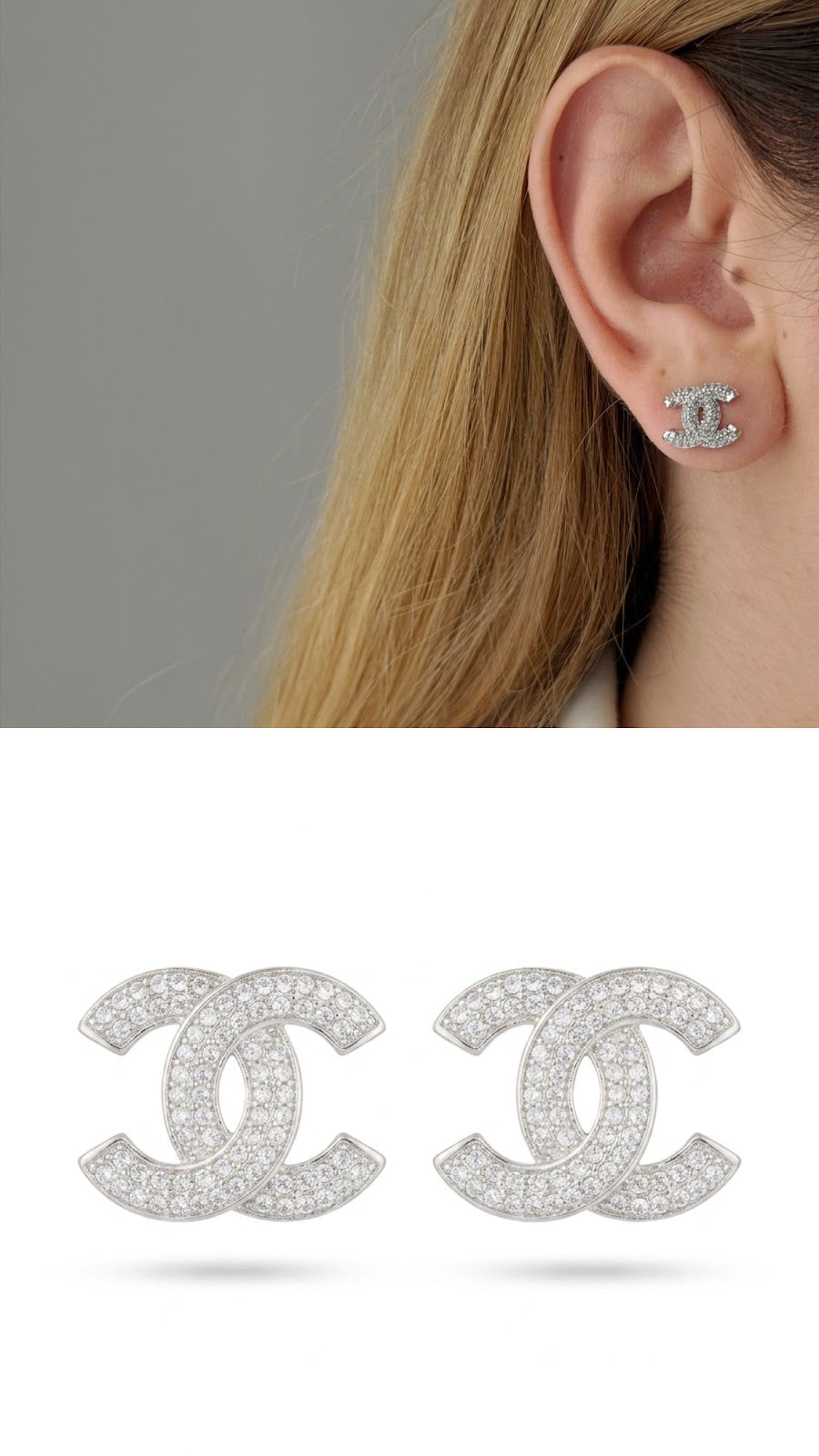 Silver Color 18K Gold Plated Stainless Steel Full Pave CZ Interlocking C Stud Earrings Wholesale - CW1VPEARNG00333 | Wholesale Stainless Steel Jewelry Catwalk Jewellery Europe