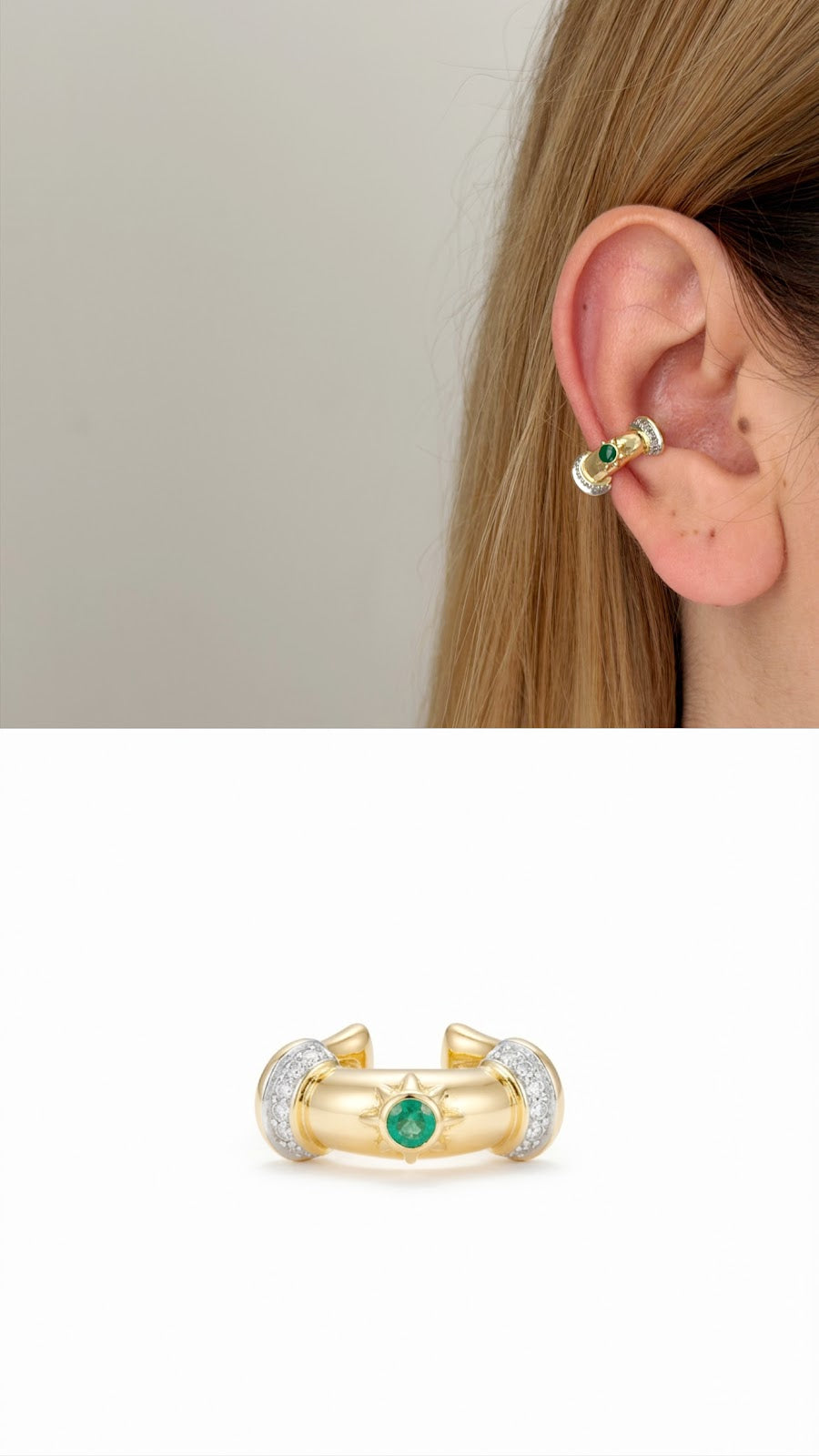 Gold Emerald Green Stone CZ Pave Chunky Ear Cuff - CW1EARCUFF00132 | Wholesale Stainless Steel Jewelry Catwalk Jewellery Europe