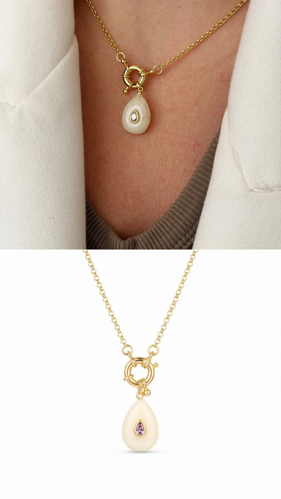 Gold Ivory Enamel Teardrop CZ Spring Ring Necklace - CW1NKL0071 | Wholesale Stainless Steel Jewelry Catwalk Jewellery Europe