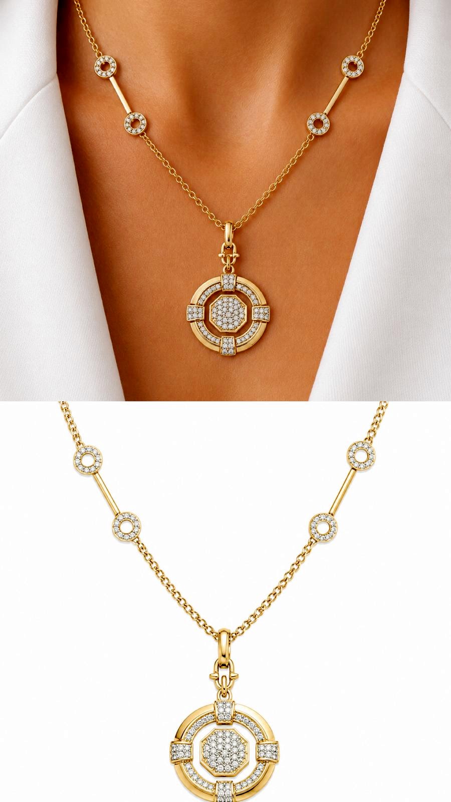 18K Gold Plated Stainless Steel Pave CZ Halo Round Medallion Station Chain Necklace Wholesale - CW1NKL00183 | Wholesale Stainless Steel Jewelry Catwalk Jewellery Europe