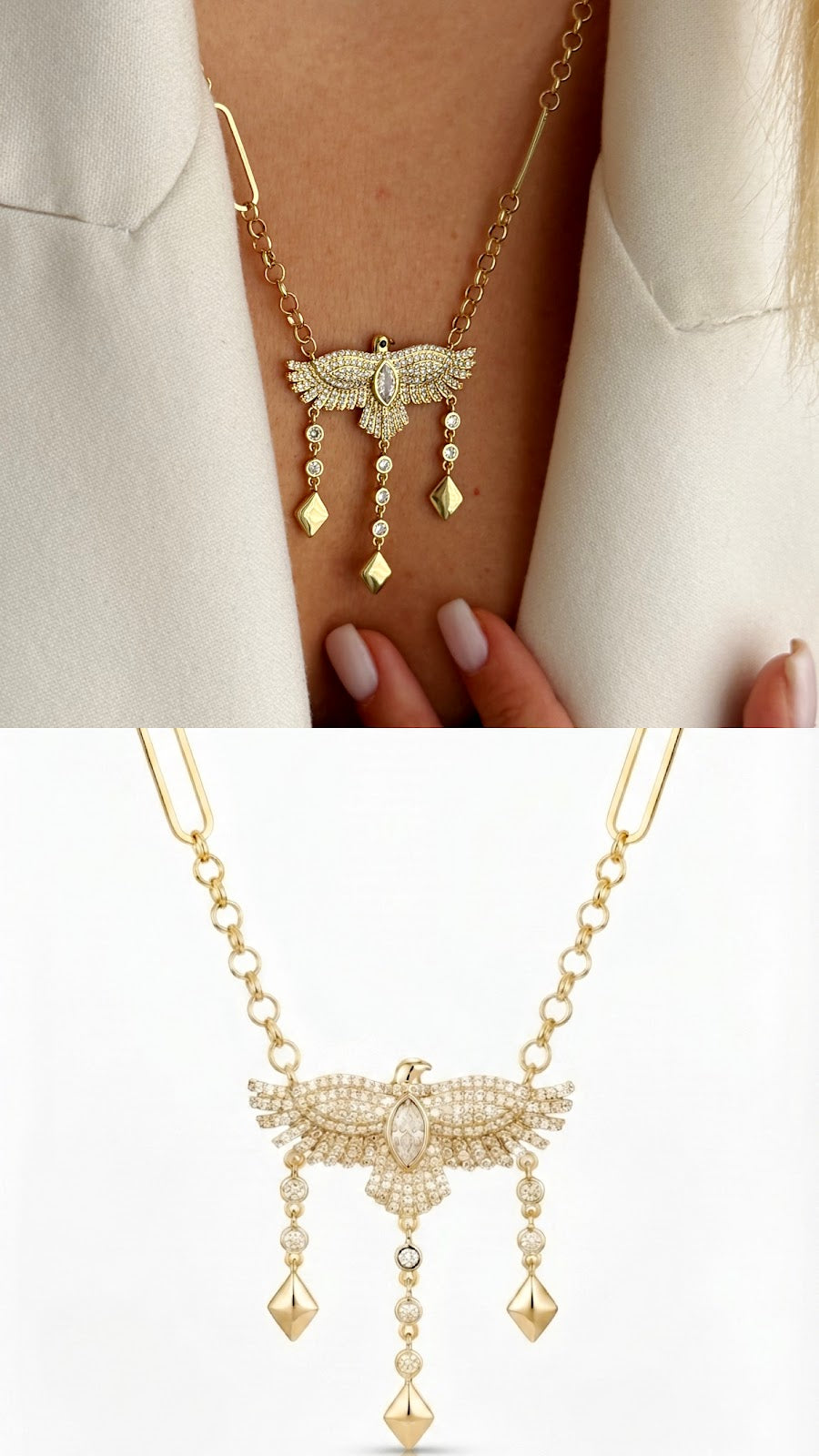Gold CZ Pave Eagle Bird Chandelier Dangle Pendant Necklace - CW1NKL00100 | Wholesale Stainless Steel Jewelry Catwalk Jewellery Europe
