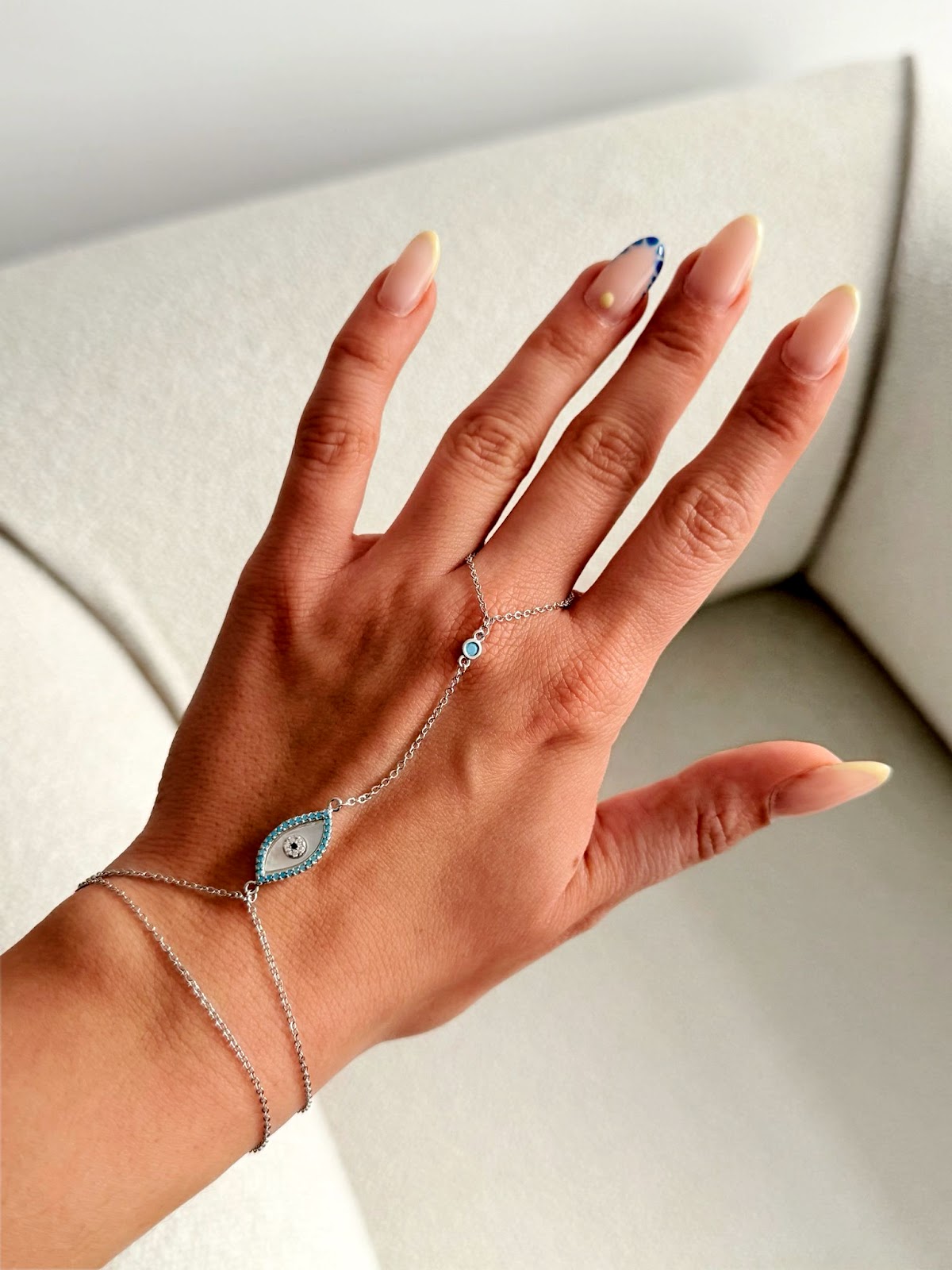 Silver Marquise Enamel Evil Eye Turquoise Bead Hand Chain - CW1HANDCHAIN0098 | Wholesale Stainless Steel Jewelry Catwalk Jewellery Europe
