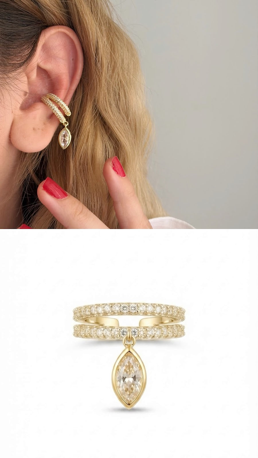 Gold CZ Pave Double Band Marquise Dangle Ear Cuff - CW1EARCUFF00141 | Wholesale Stainless Steel Jewelry Catwalk Jewellery Europe