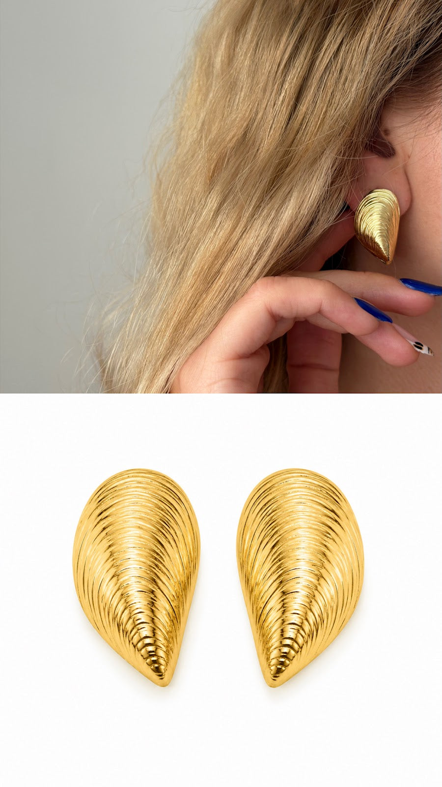 Gold Textured Ribbed Mussel Shell Stud Earrings - CW1VPEARNG00208 | Wholesale Stainless Steel Jewelry Catwalk Jewellery Europe