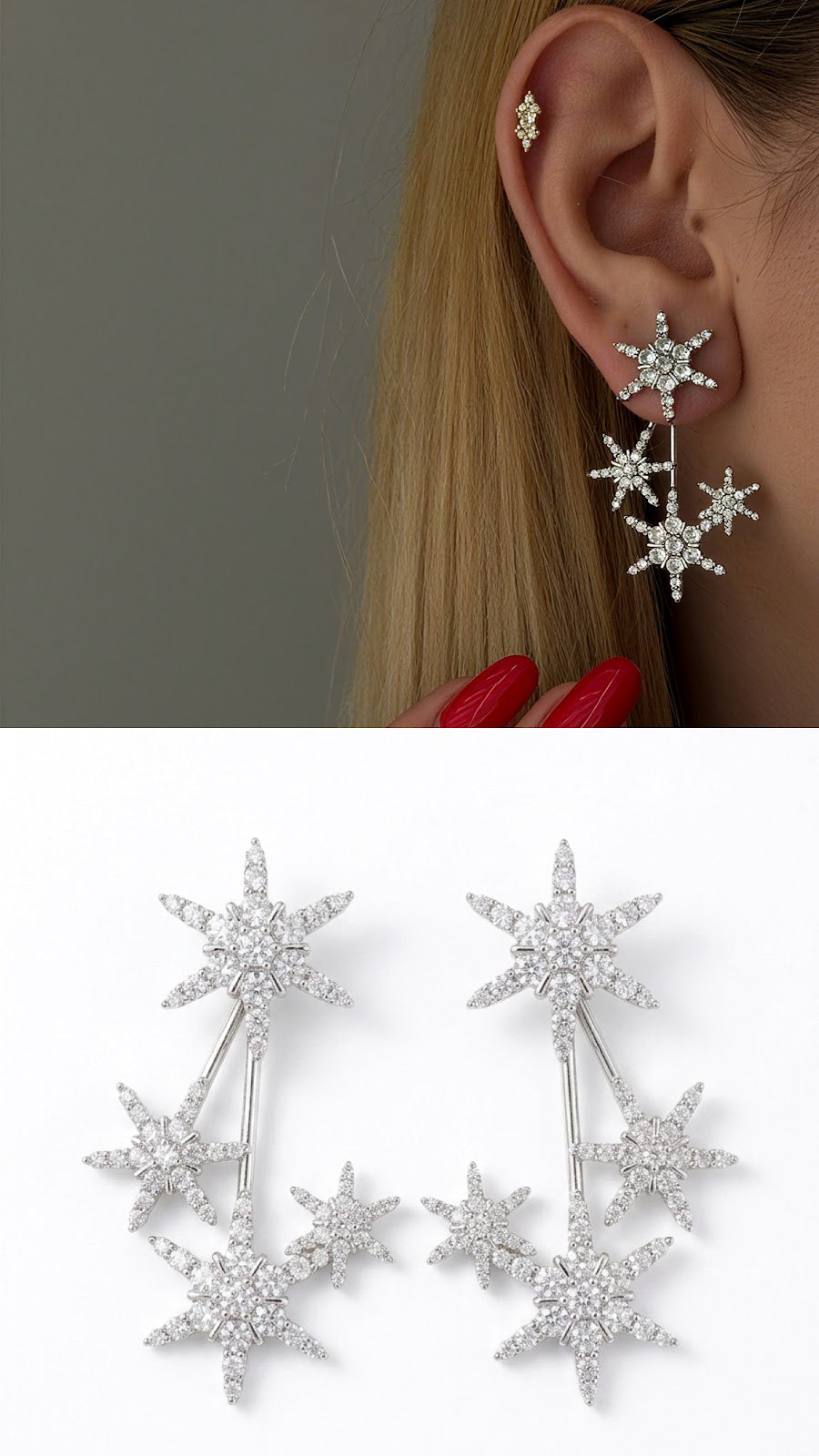 Silver CZ Pave Celestial Starburst Ear Jacket Earrings - CW1VPEARNG00130 | Wholesale Stainless Steel Jewelry Catwalk Jewellery Europe