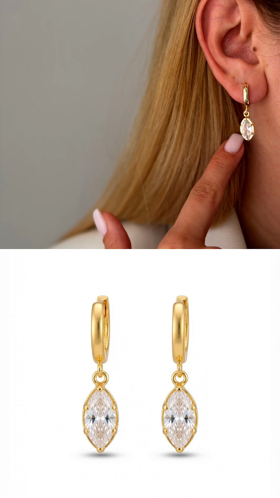 Gold Marquise Cut CZ Dangle Huggie Hoop Earrings - CW1VPEARNG00164 | Wholesale Stainless Steel Jewelry Catwalk Jewellery Europe