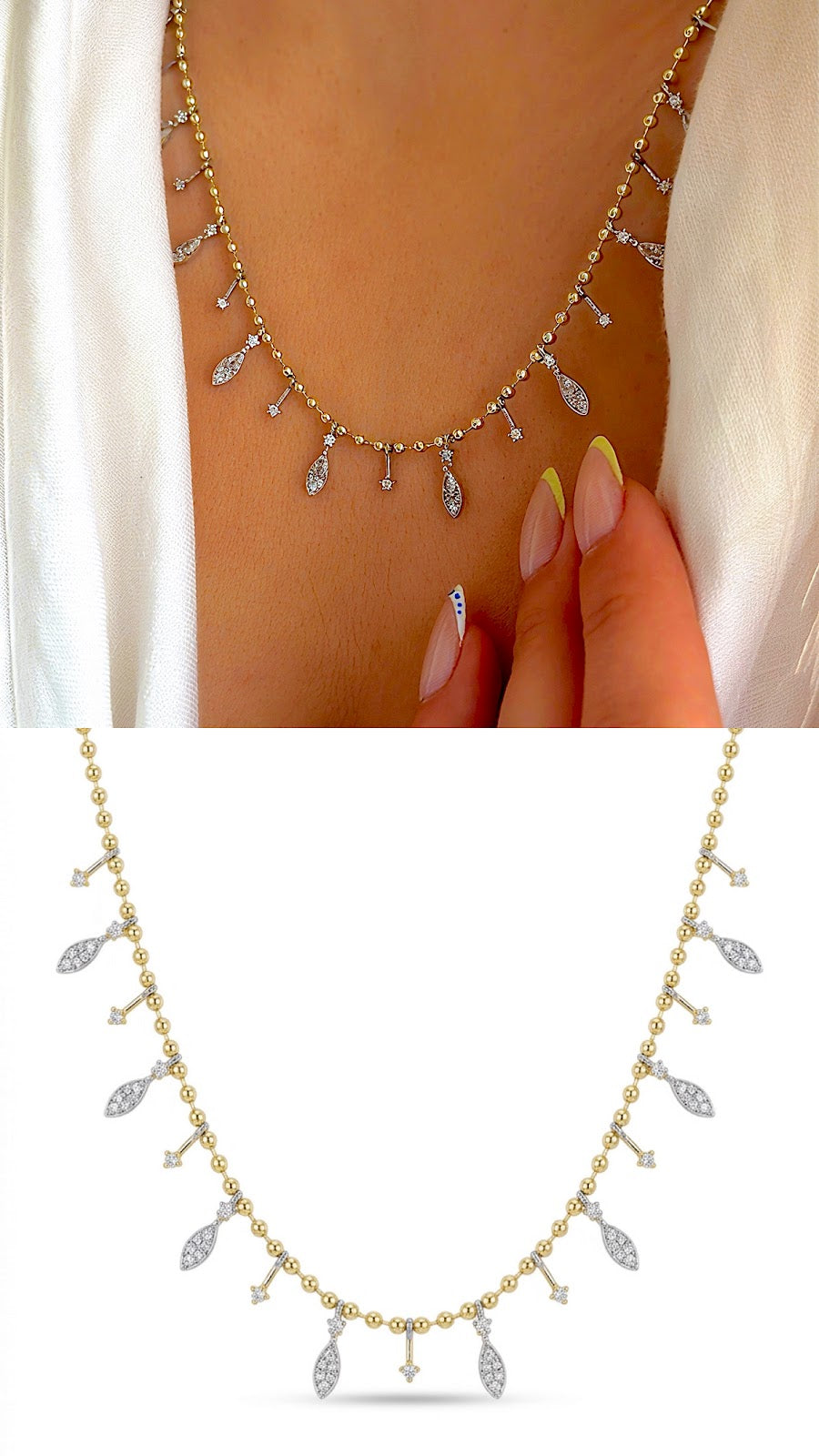 Two Tone CZ Pave Marquise Dangle Fringe Beaded Ball Chain Necklace - CW1NKL00115 | Wholesale Stainless Steel Jewelry Catwalk Jewellery Europe