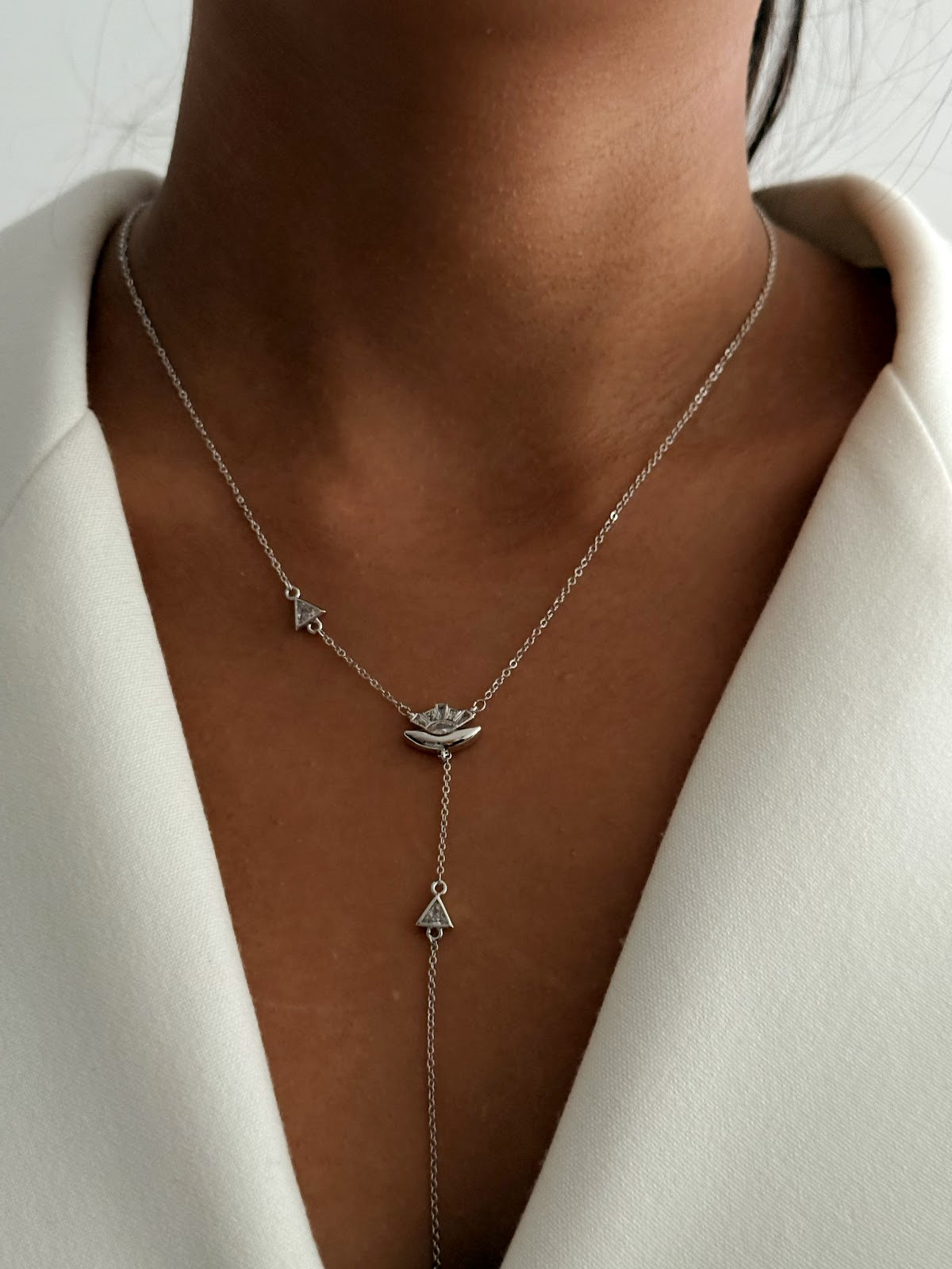 Silver CZ Pave Crescent Fan Triangle Drop Y Necklace - CW1YNECKLACE005 | Wholesale Stainless Steel Jewelry Catwalk Jewellery Europe