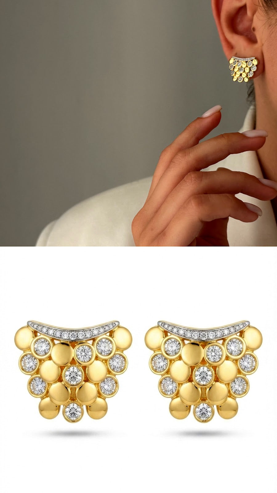 Gold CZ Pave Beaded Honeycomb Stud Earrings - CW1VPEARNG00184 | Wholesale Stainless Steel Jewelry Catwalk Jewellery Europe