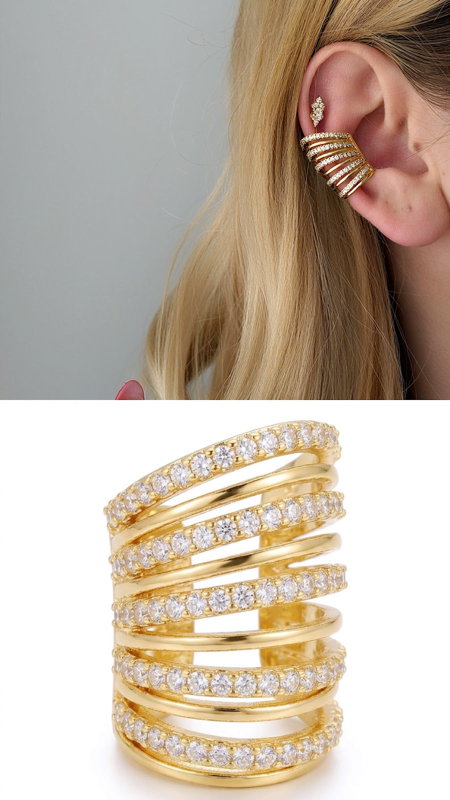 Gold CZ Pave Multi Strand Wide Ear Cuff - CW1EARCUFF0011 | Wholesale Stainless Steel Jewelry Catwalk Jewellery Europe