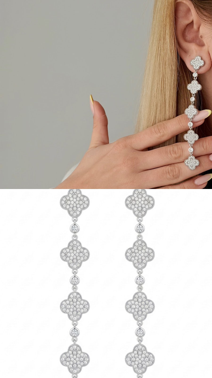 Silver CZ Pave Four Leaf Clover Long Drop Statement Earrings - CW1STEAR0021 | Wholesale Stainless Steel Jewelry Catwalk Jewellery Europe