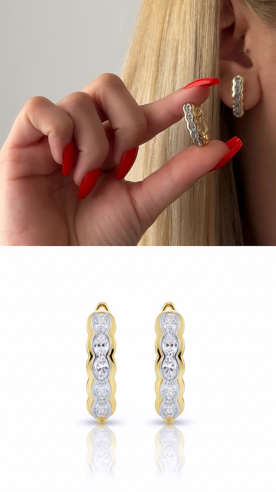 Gold Scalloped Edge CZ Pave Huggie Hoop Earrings - CW1VPEARNG00177 | Wholesale Stainless Steel Jewelry Catwalk Jewellery Europe