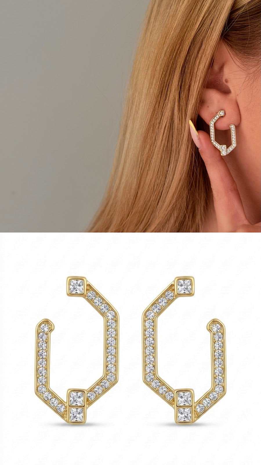 Gold Geometric Hexagon C Hoop CZ Pave Curated Maximalism Statement Earrings - CW1VPEARNG00254 | Wholesale Stainless Steel Jewelry Catwalk Jewellery Europe