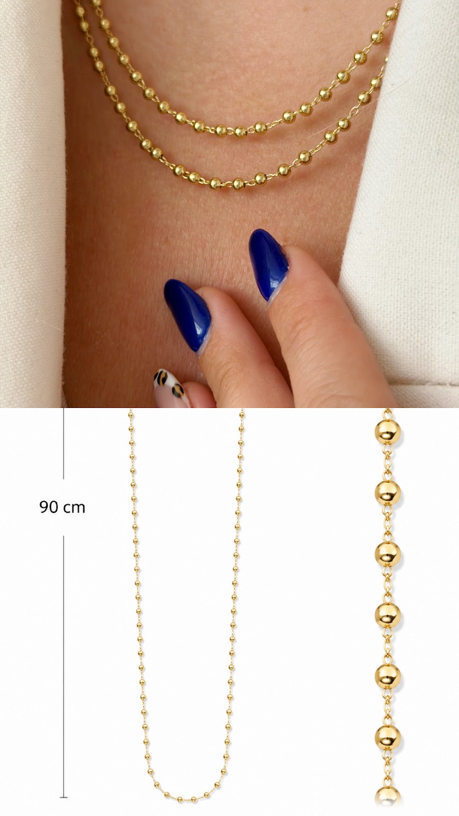 Gold Long Beaded Ball Station Chain Necklace - CW1NKL0062 | Wholesale Stainless Steel Jewelry Catwalk Jewellery Europe