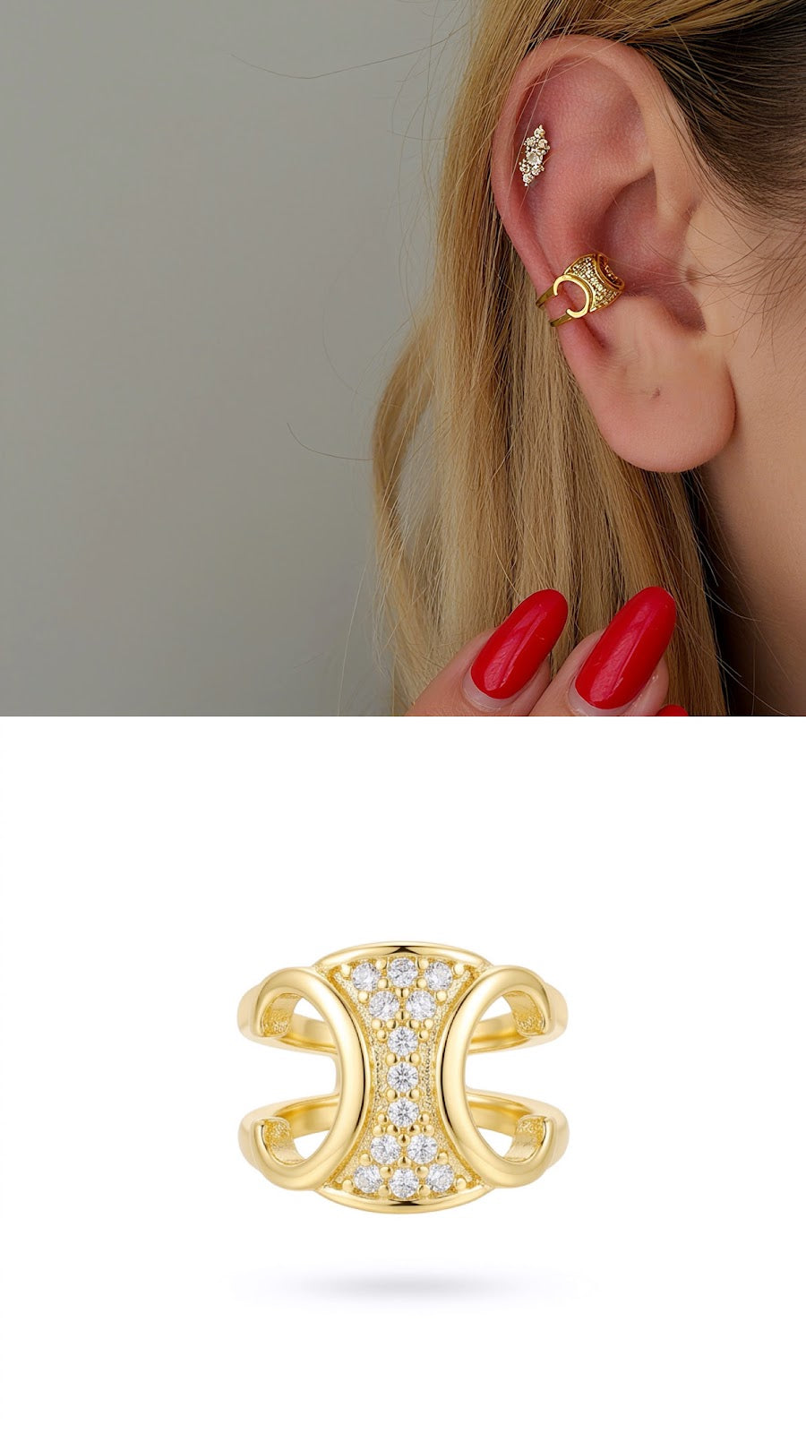 Gold CZ Pave Cutout Hourglass Band Ear Cuff - CW1EARCUFF0070 | Wholesale Stainless Steel Jewelry Catwalk Jewellery Europe