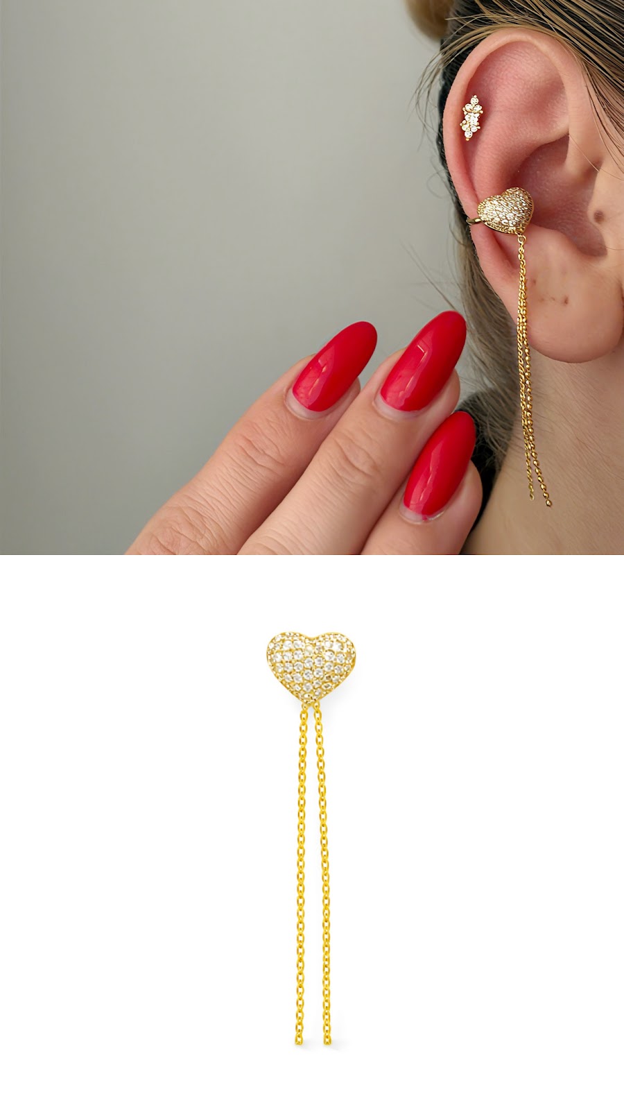 Gold CZ Pave Heart Dangle Chain Ear Cuff Alternate Angle - CW1EARCUFF00110 | Wholesale Stainless Steel Jewelry Catwalk Jewellery Europe
