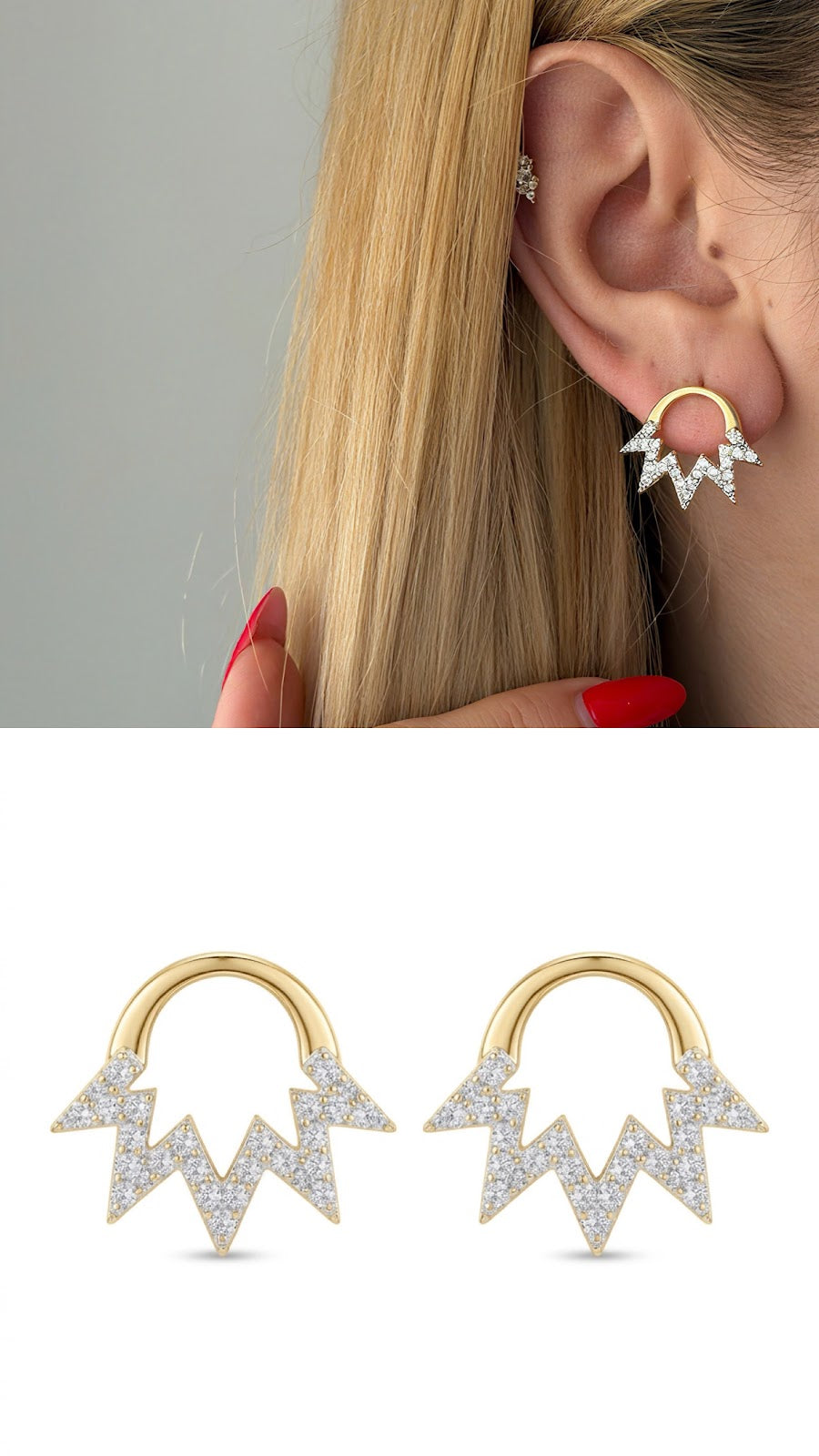 Gold CZ Pave Geometric Zig Zag Semi Circle Stud Earrings - CW1VPEARNG00117 | Wholesale Stainless Steel Jewelry Catwalk Jewellery Europe