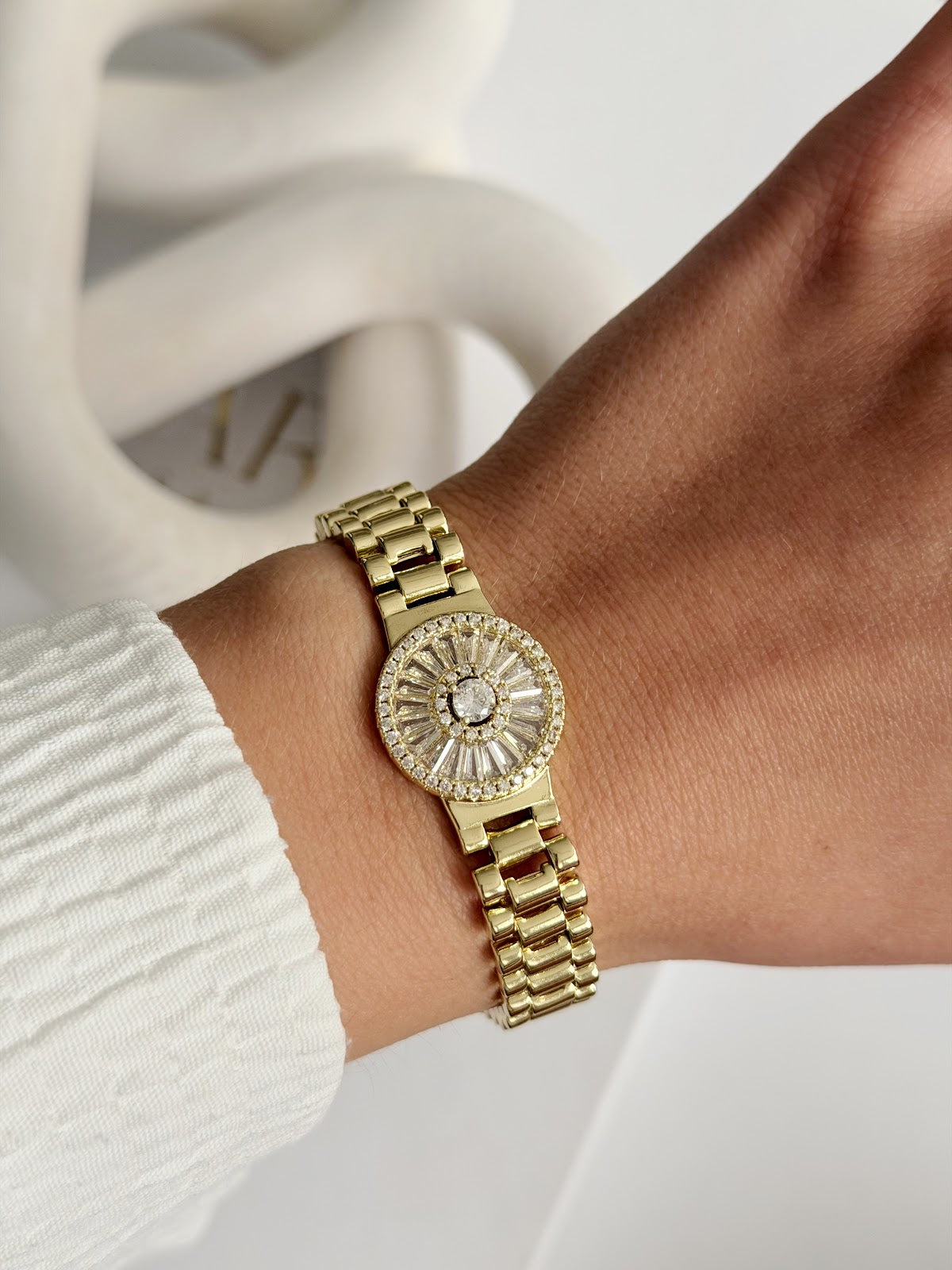 Gold Plated CZ Baguette Sunburst Watch Strap Bracelet - CW1VPBRCLT00284 | Wholesale Stainless Steel Jewelry Catwalk Jewellery Europe