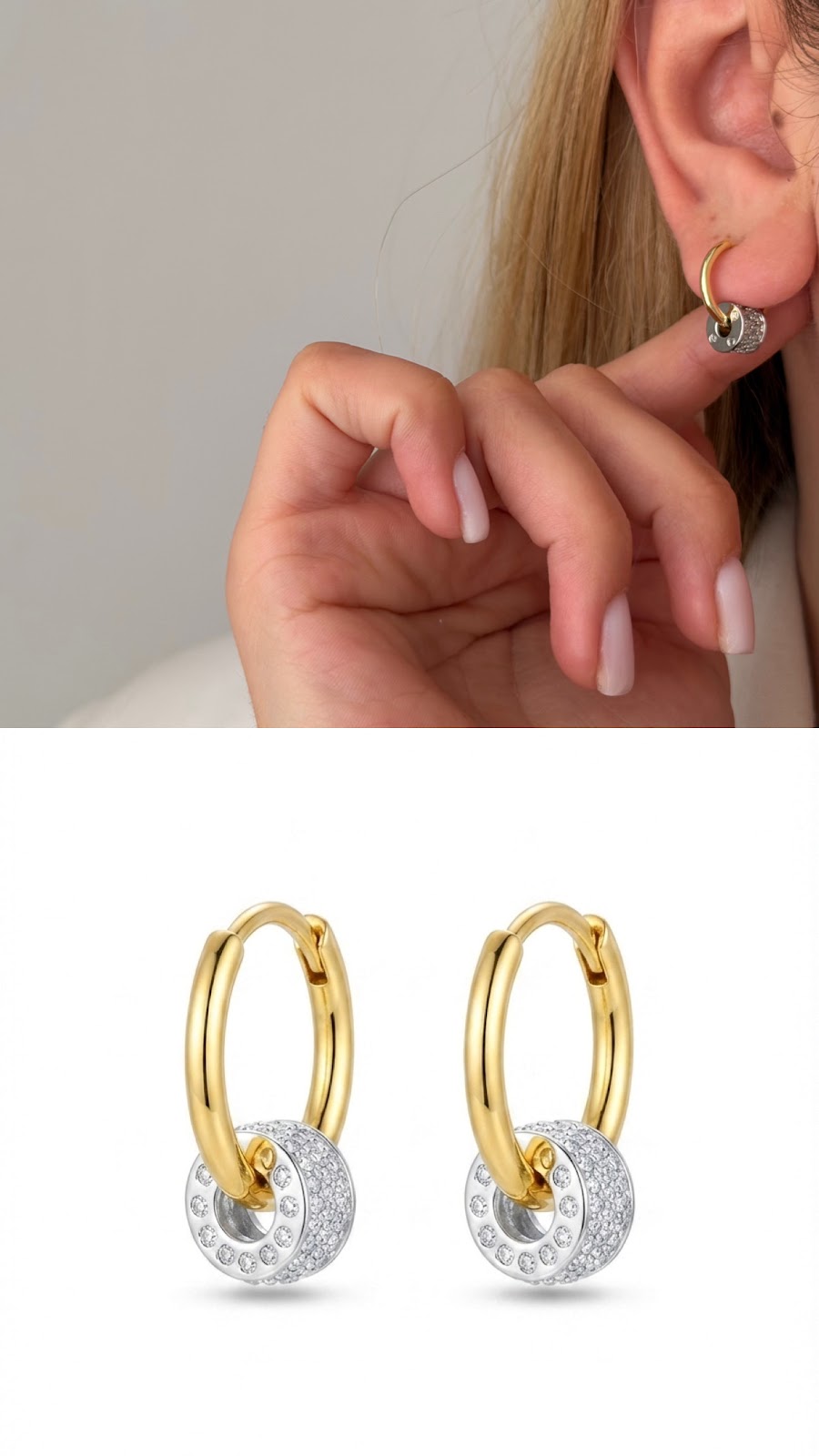 Gold Hoop With CZ Pave Cylinder Roller Charm Earrings - CW1VPEARNG00178 | Wholesale Stainless Steel Jewelry Catwalk Jewellery Europe