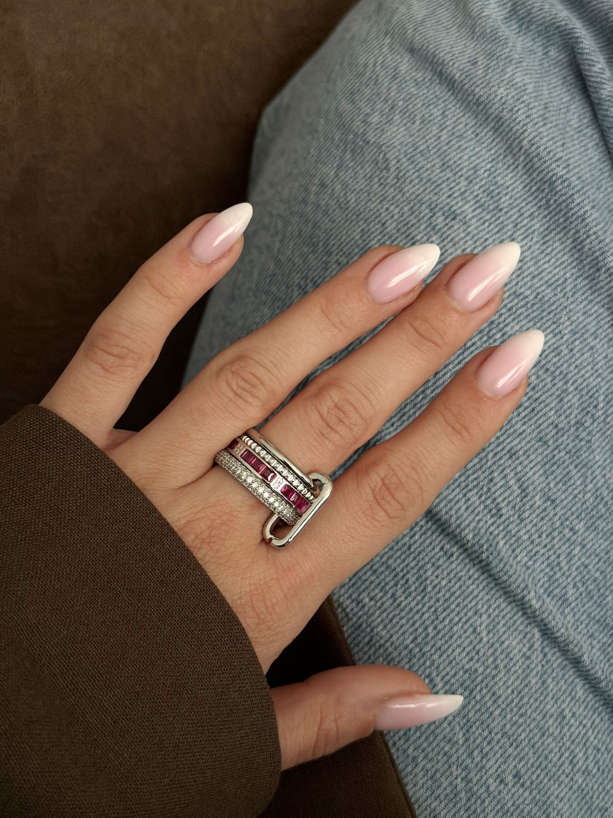 Silver Paperclip Chain Link Multi Band Ruby Red CZ Ring - CW1RING00213 | Wholesale Stainless Steel Jewelry Catwalk Jewellery Europe