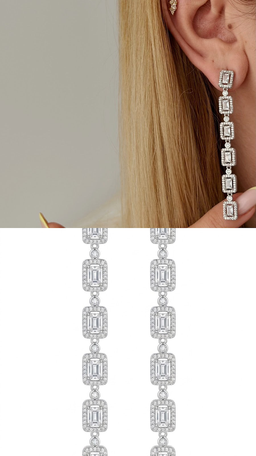 Silver CZ Halo Emerald Cut Line Drop Statement Earrings - CW1STEAR0012 | Wholesale Stainless Steel Jewelry Catwalk Jewellery Europe