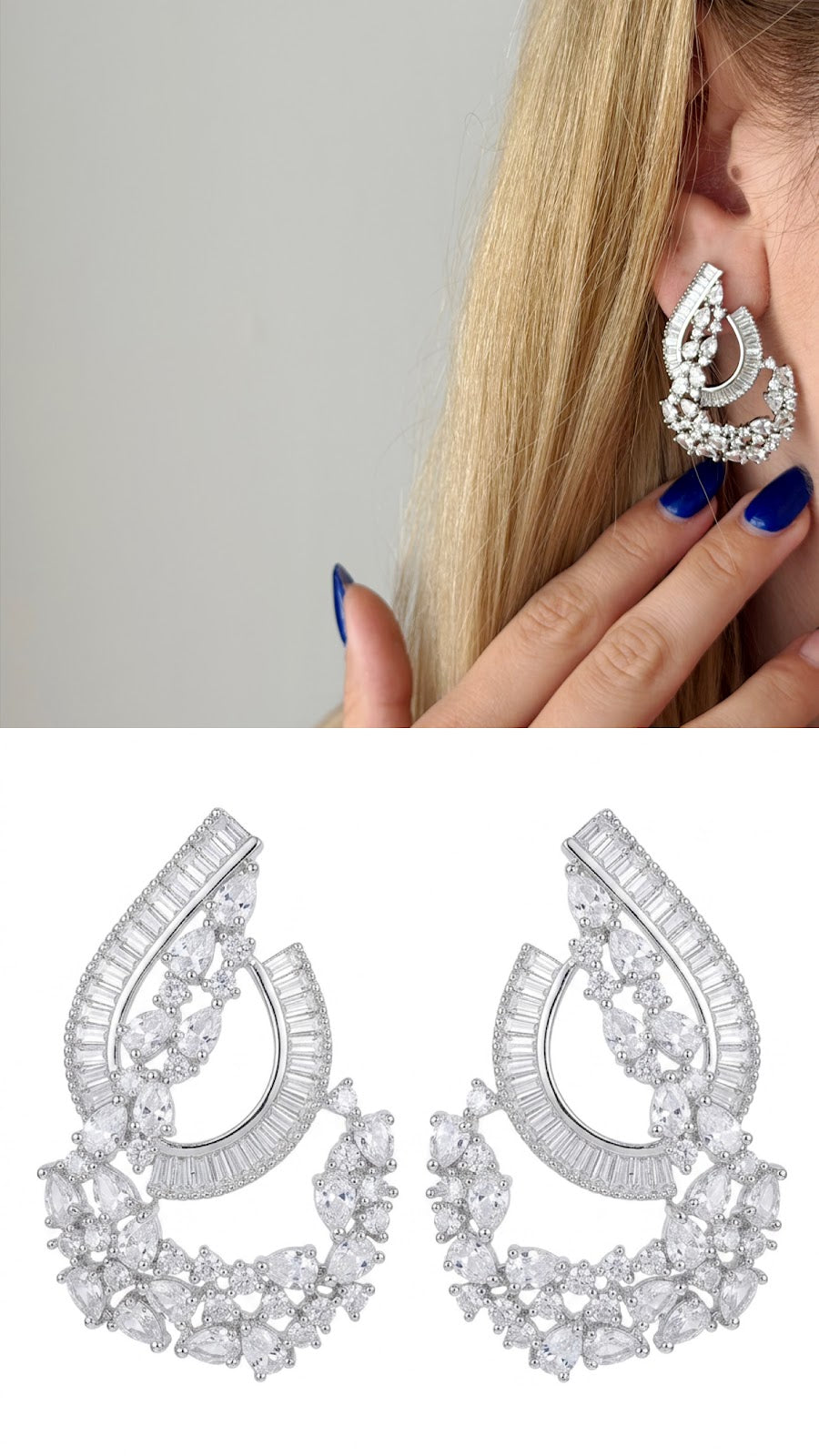 Silver CZ Baguette Pave Abstract Teardrop Chandelier Statement Earrings - CW1STEAR0016 | Wholesale Stainless Steel Jewelry Catwalk Jewellery Europe