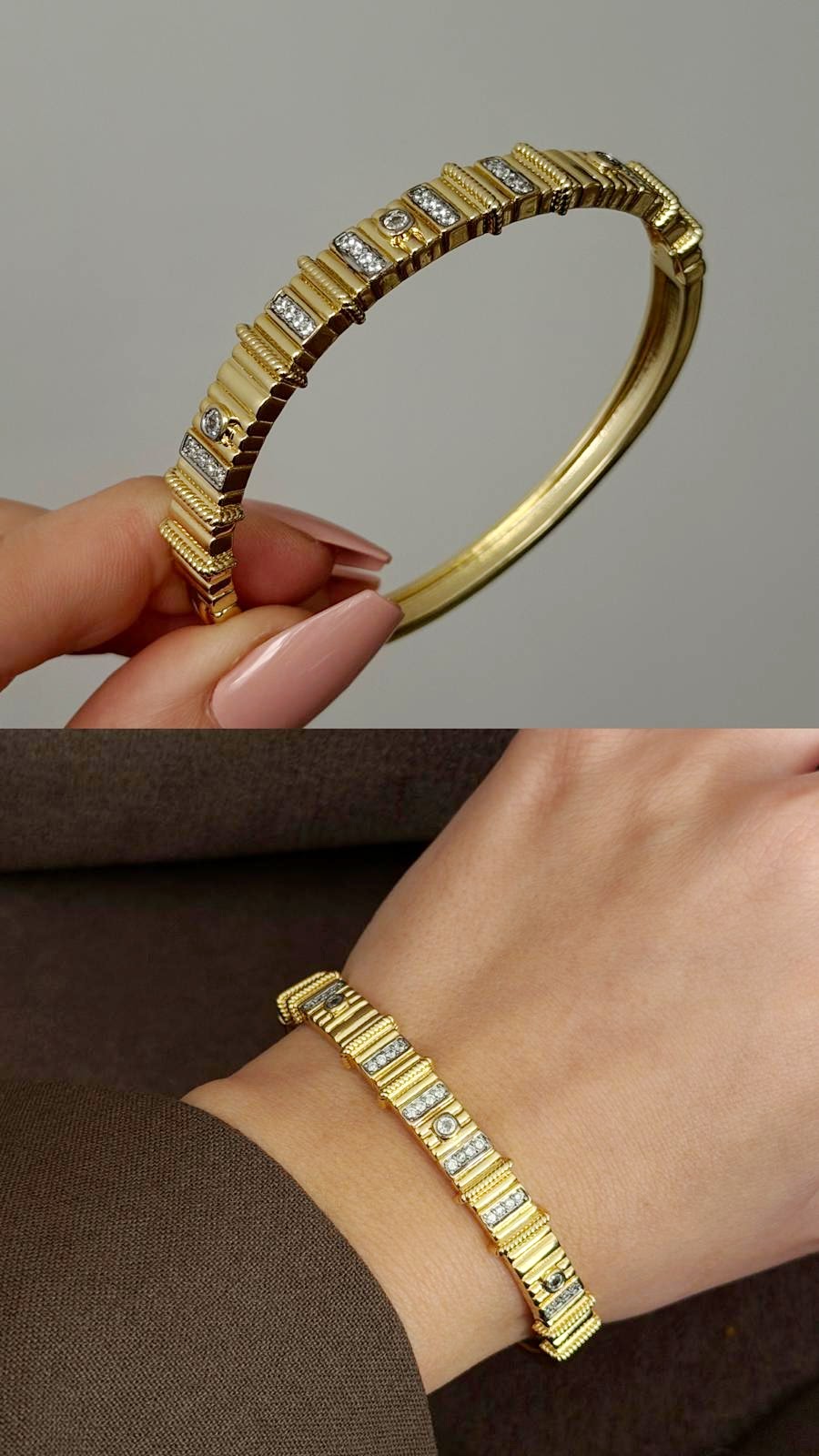Gold CZ Pave Ridged Ribbed Station Hinged Cuff Bangle - CW1CUFF0031 | Wholesale Stainless Steel Jewelry Catwalk Jewellery Europe