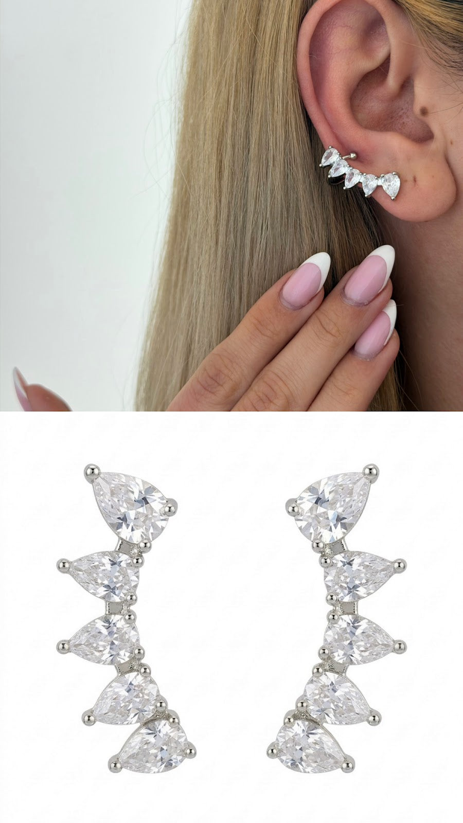 Silver CZ Pave Pear Cut Ear Climber Earrings - CW1VPEARNG00211 | Wholesale Stainless Steel Jewelry Catwalk Jewellery Europe