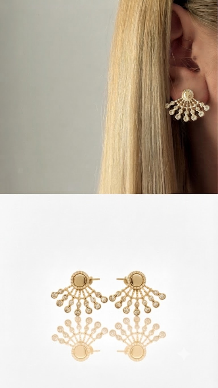 Gold CZ Pave Beaded Sunburst Fan Ear Jacket Earrings - CW1VPEARNG00146 | Wholesale Stainless Steel Jewelry Catwalk Jewellery Europe