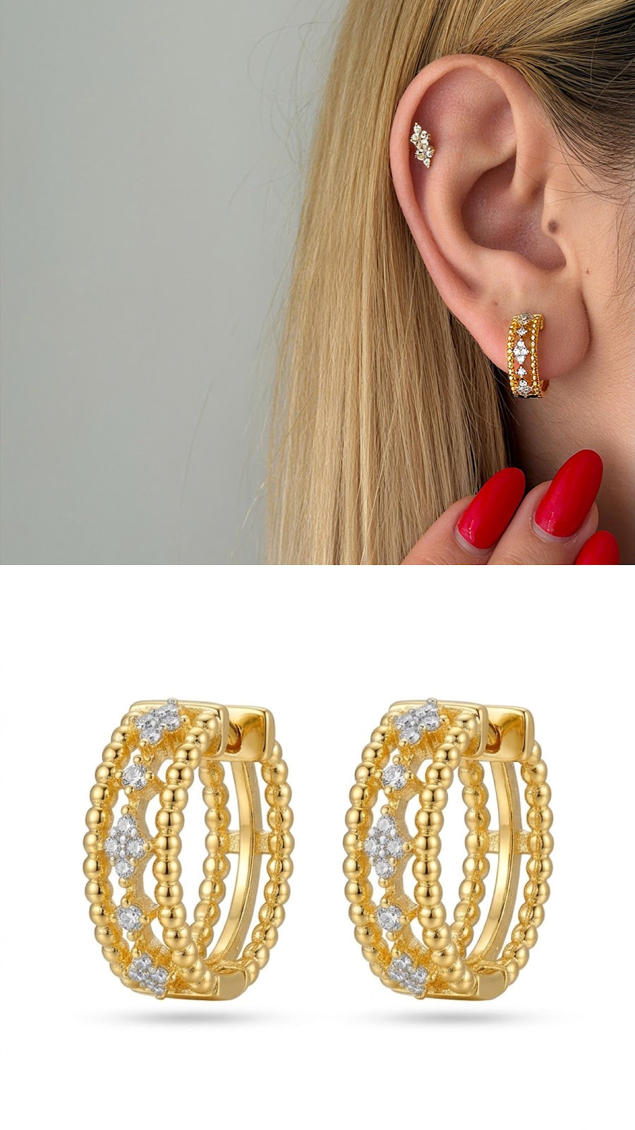 Gold Beaded Triple Row CZ Huggie Earrings - CW1VPEARNG0028 | Wholesale Stainless Steel Jewelry Catwalk Jewellery Europe