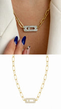 Gold CZ Pave Horizontal Oval Move Motif Paperclip Chain Necklace - CW1NKL00102 | Wholesale Stainless Steel Jewelry Catwalk Jewellery Europe
