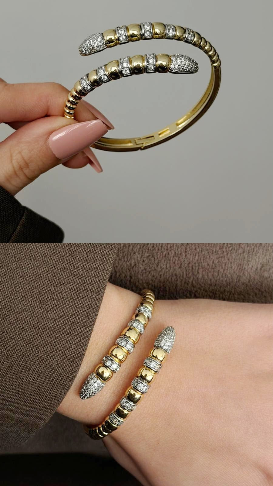 Gold CZ Pave Tubogas Bypass Snake Textured Cuff Bangle - CW1CUFF0029 | Wholesale Stainless Steel Jewelry Catwalk Jewellery Europe