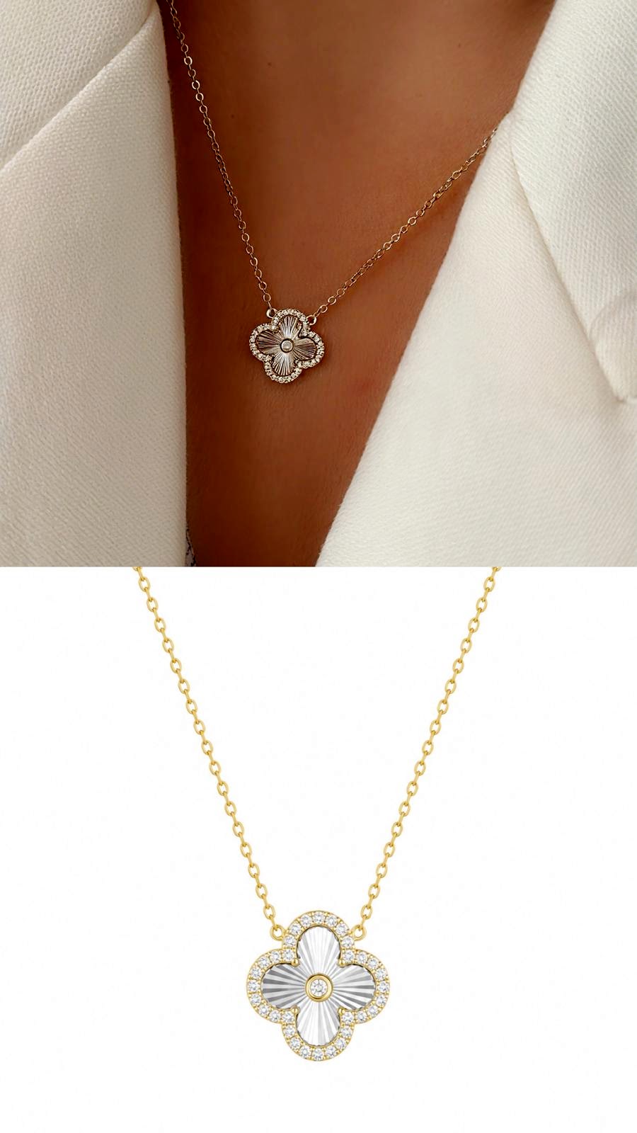 Two Tone CZ Pave Sunburst Clover Pendant Necklace - CW1NKL0027 | Wholesale Stainless Steel Jewelry Catwalk Jewellery Europe