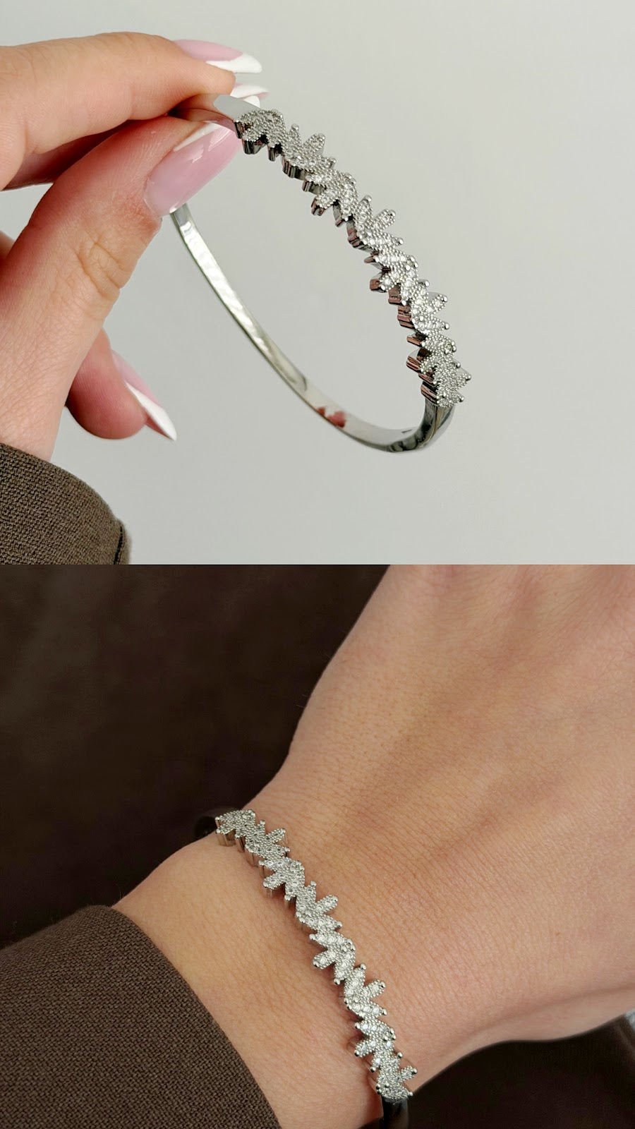 Silver CZ Pave Leaf Cluster Hinged Cuff Bangle - CW1CUFF008 | Wholesale Stainless Steel Jewelry Catwalk Jewellery Europe