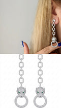 Silver CZ Pave Panther Green Eye Link Chain Drop Statement Earrings - CW1STEAR0013 | Wholesale Stainless Steel Jewelry Catwalk Jewellery Europe