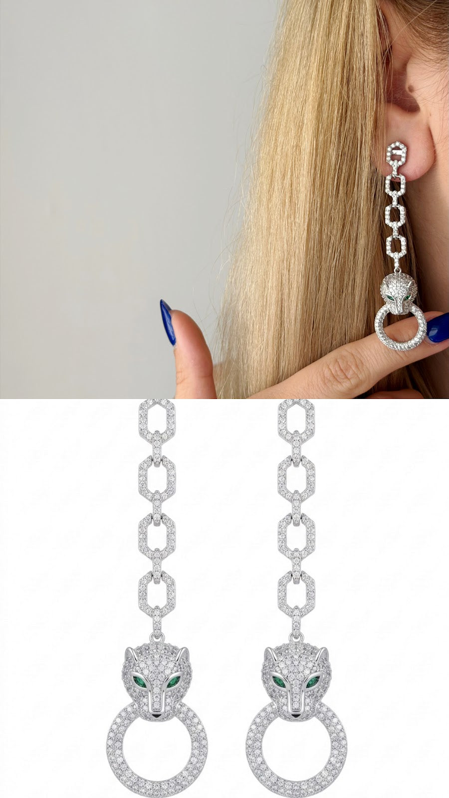 Silver CZ Pave Panther Green Eye Link Chain Drop Statement Earrings - CW1STEAR0013 | Wholesale Stainless Steel Jewelry Catwalk Jewellery Europe